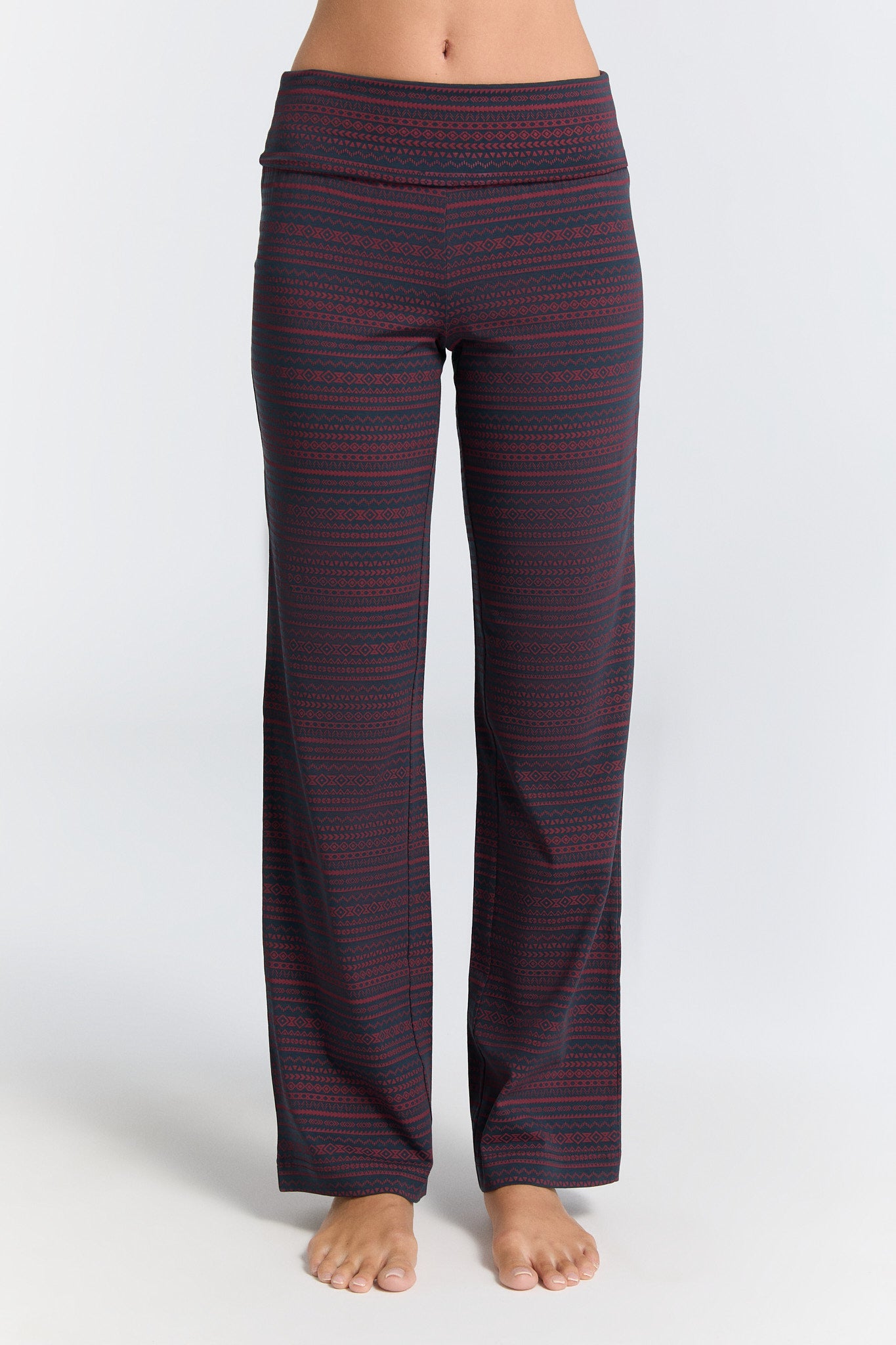 Leela Cotton womens vegan Pants With Fold Over Waistband Tibet Red/Navy Geometric