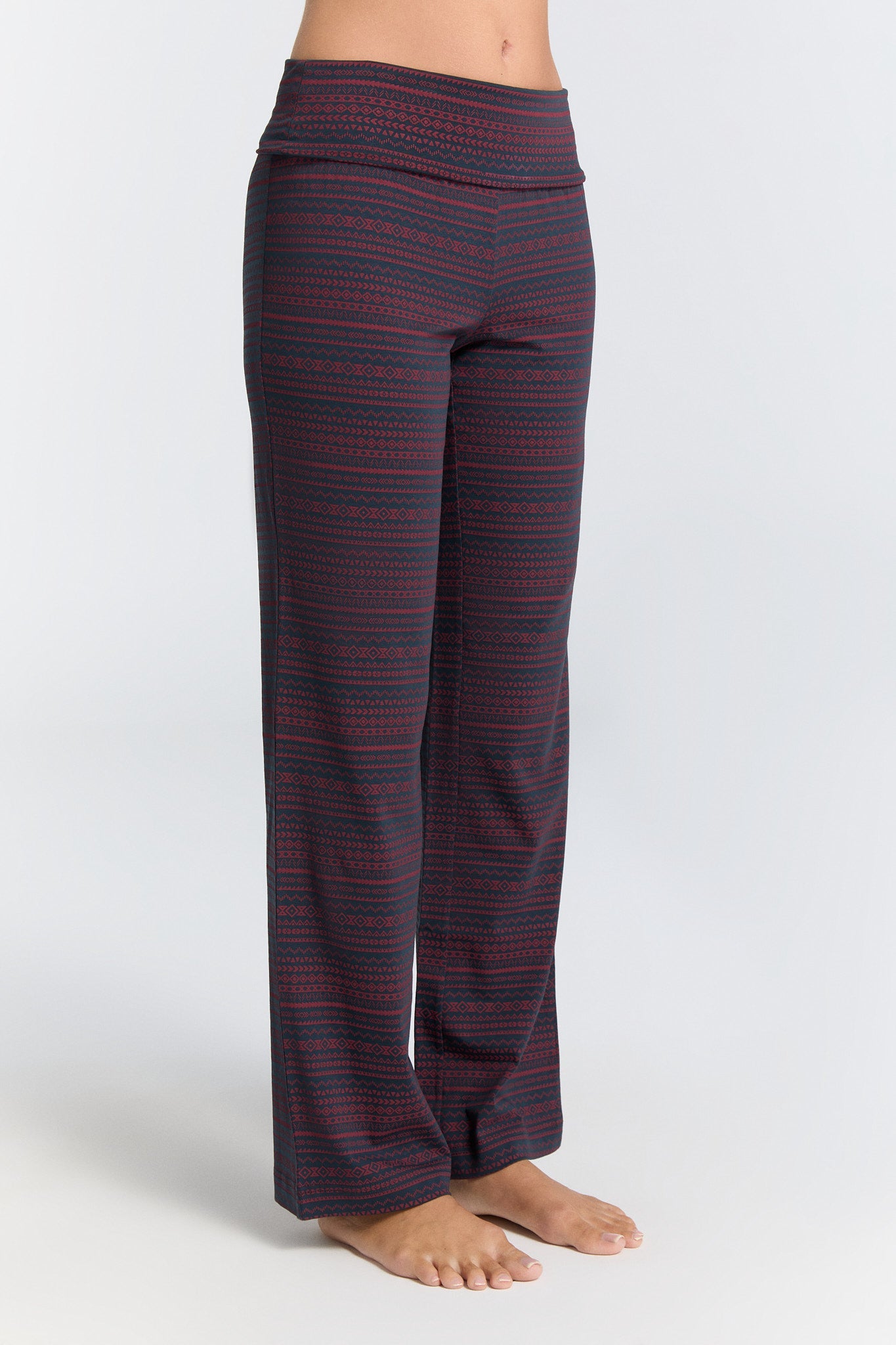 Leela Cotton womens vegan Pants With Fold Over Waistband Tibet Red/Navy Geometric