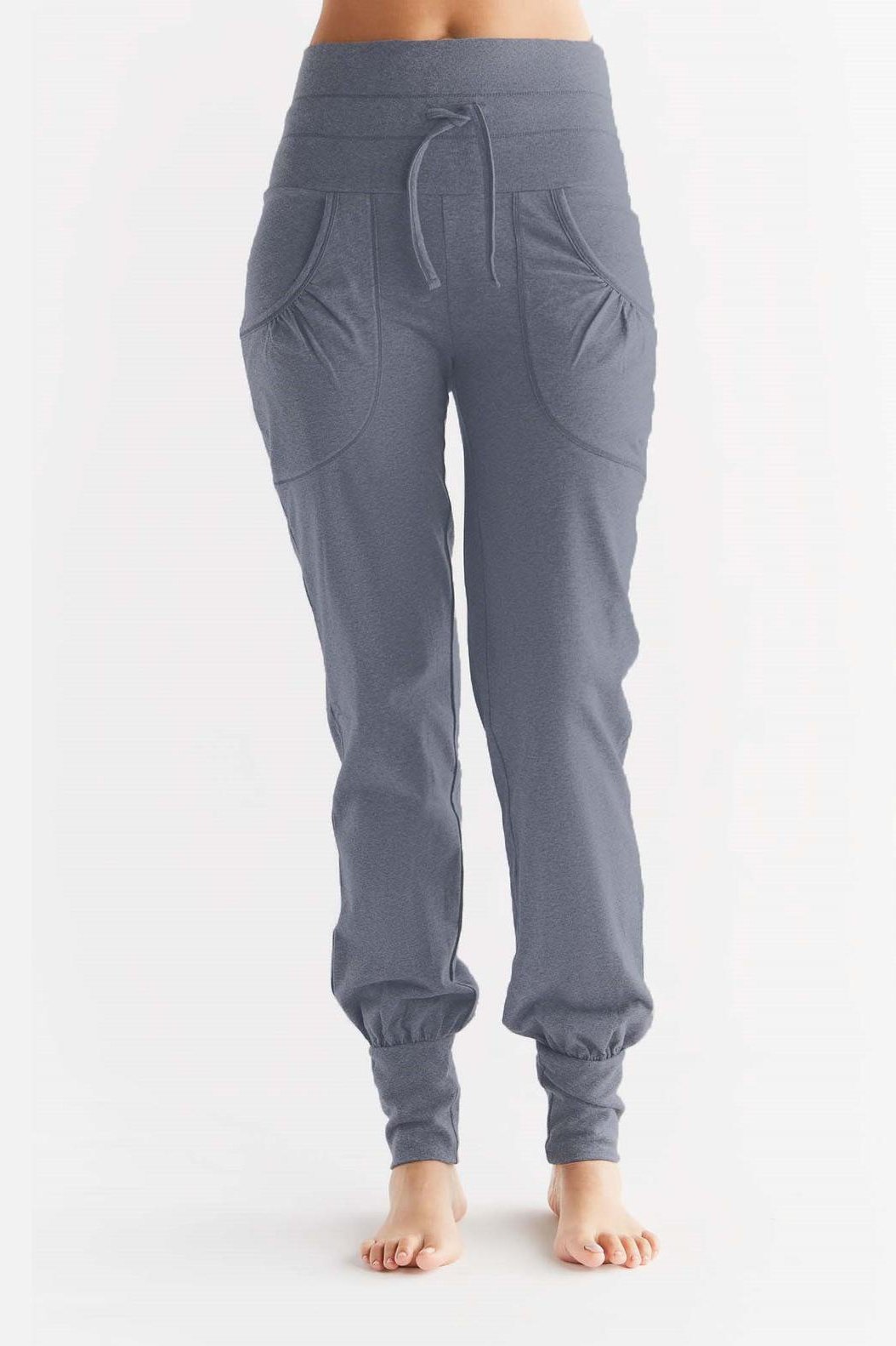 Leela Cotton womens vegan Yoga Pants With Fold Over Waistband Navy Melange