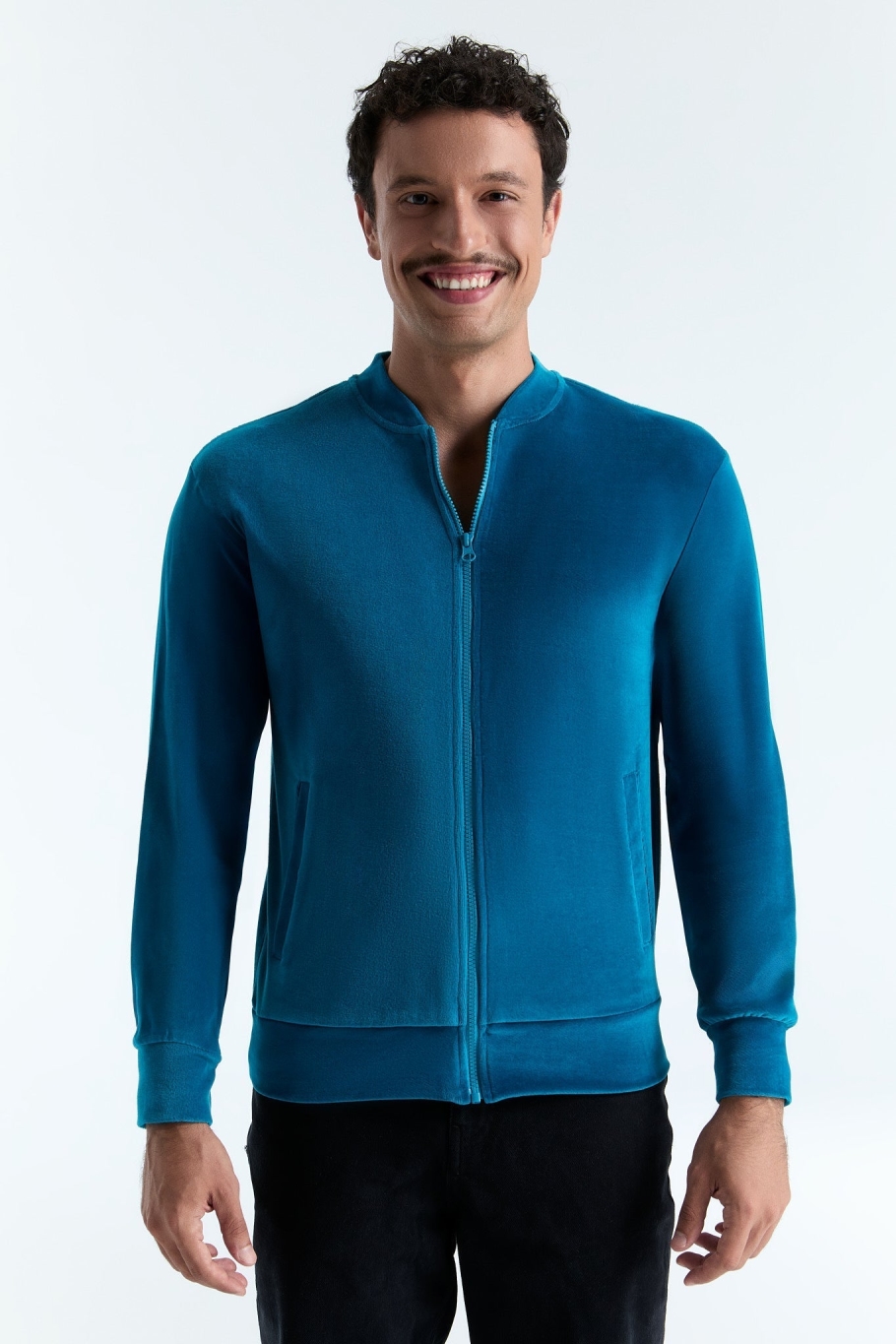 Leela Cotton men vegan Unisex Velour Jacket With Zipper Ocean Blue