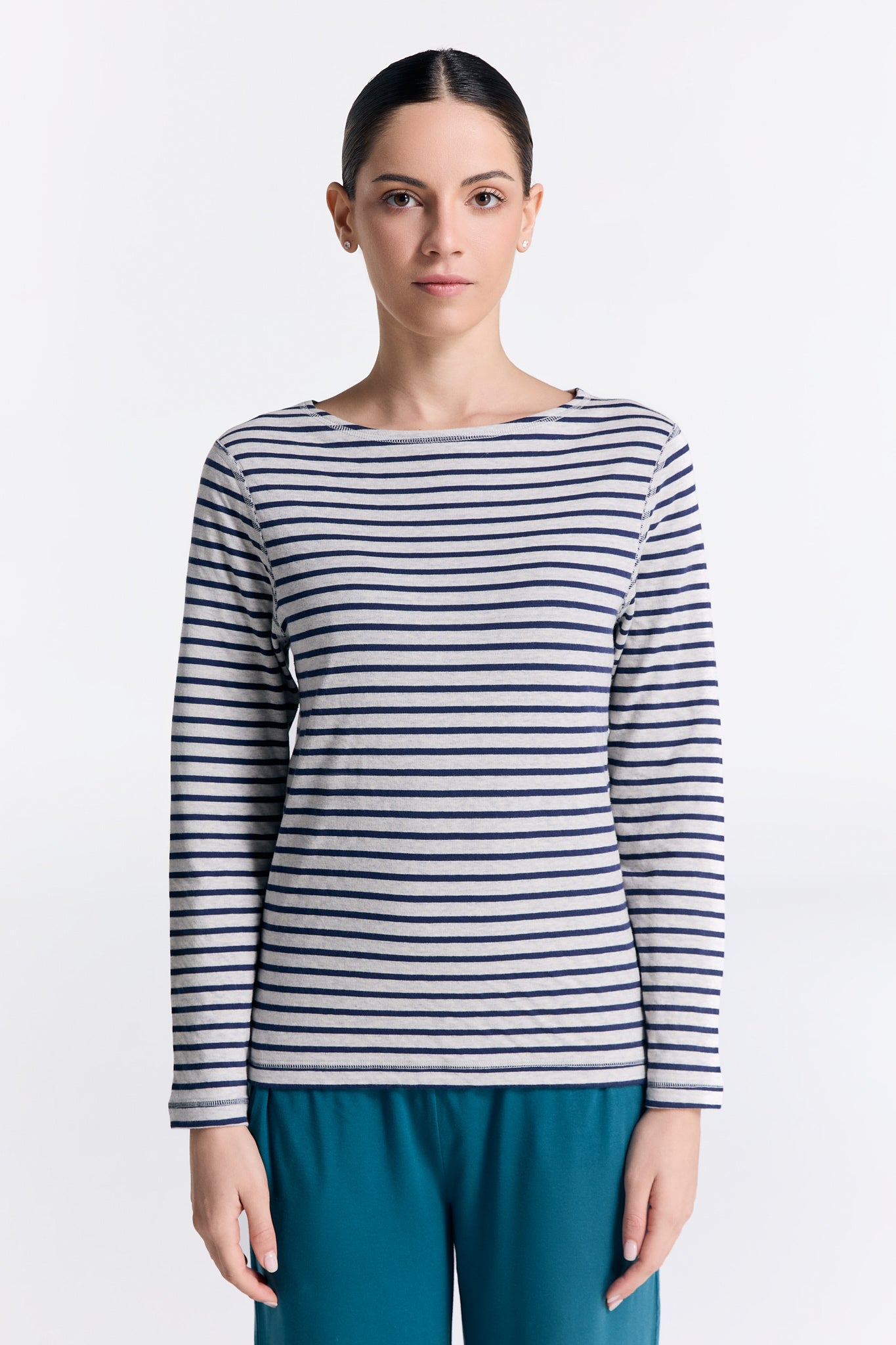 Leela Cotton womens vegan Shirt Reversible Long Sleeve Navy Blue/Beige
