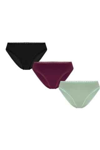 Albero Natur womens vegan Multipack 3x Briefs With Lace Black/Aubergine/Iceberg Green