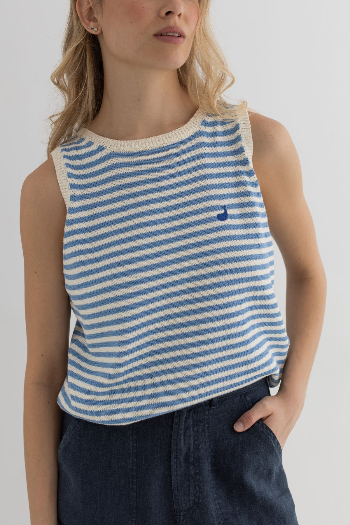 TWOTHIRDS Damen vegan Top Ios Denim Blau Gestreift