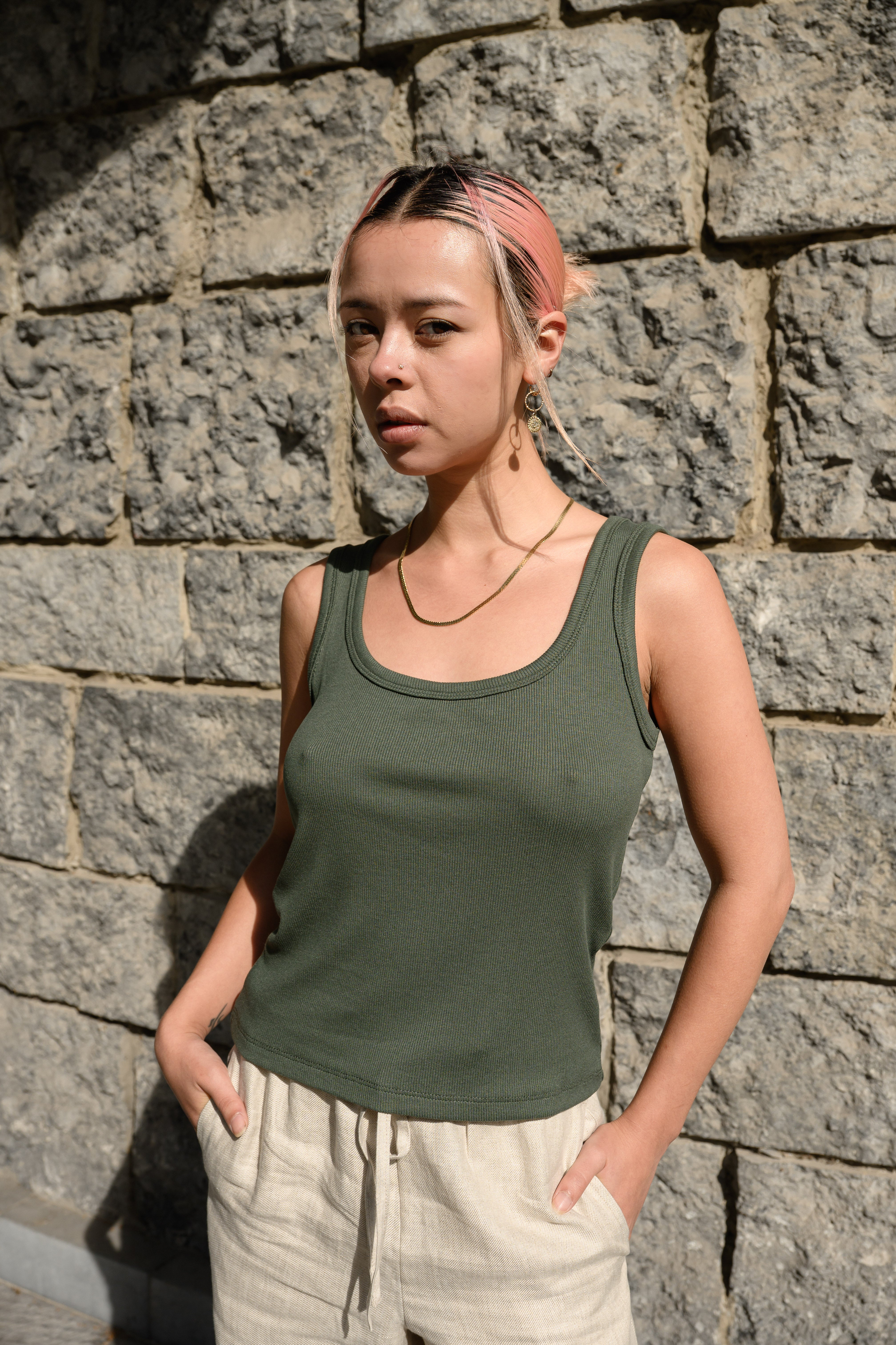 Lucid Collective womens vegan Top Rise Khaki Green