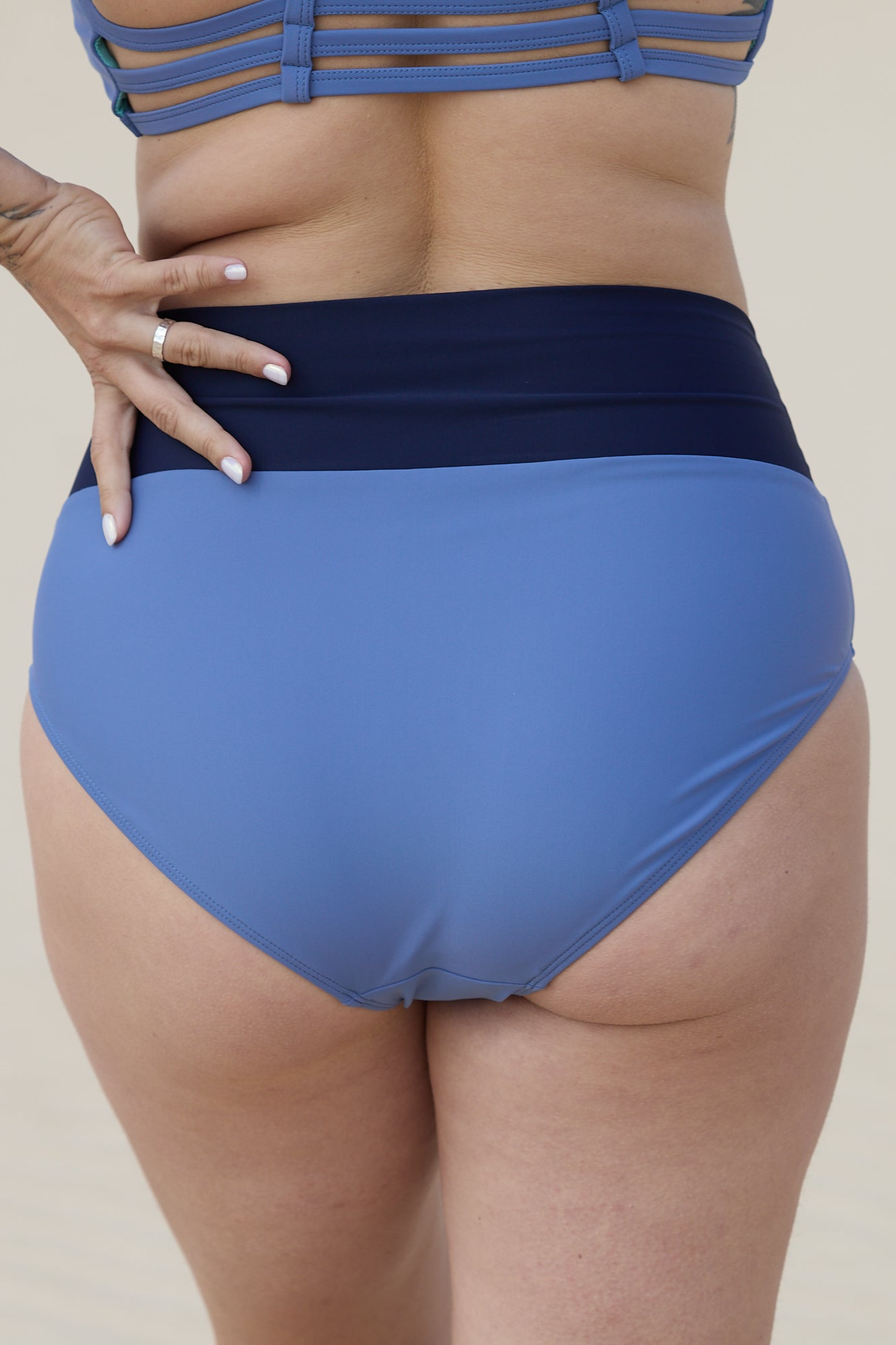 womens vegan Bikini Bottoms Soft High Waist Feel Grey Blue/ Dark Blue