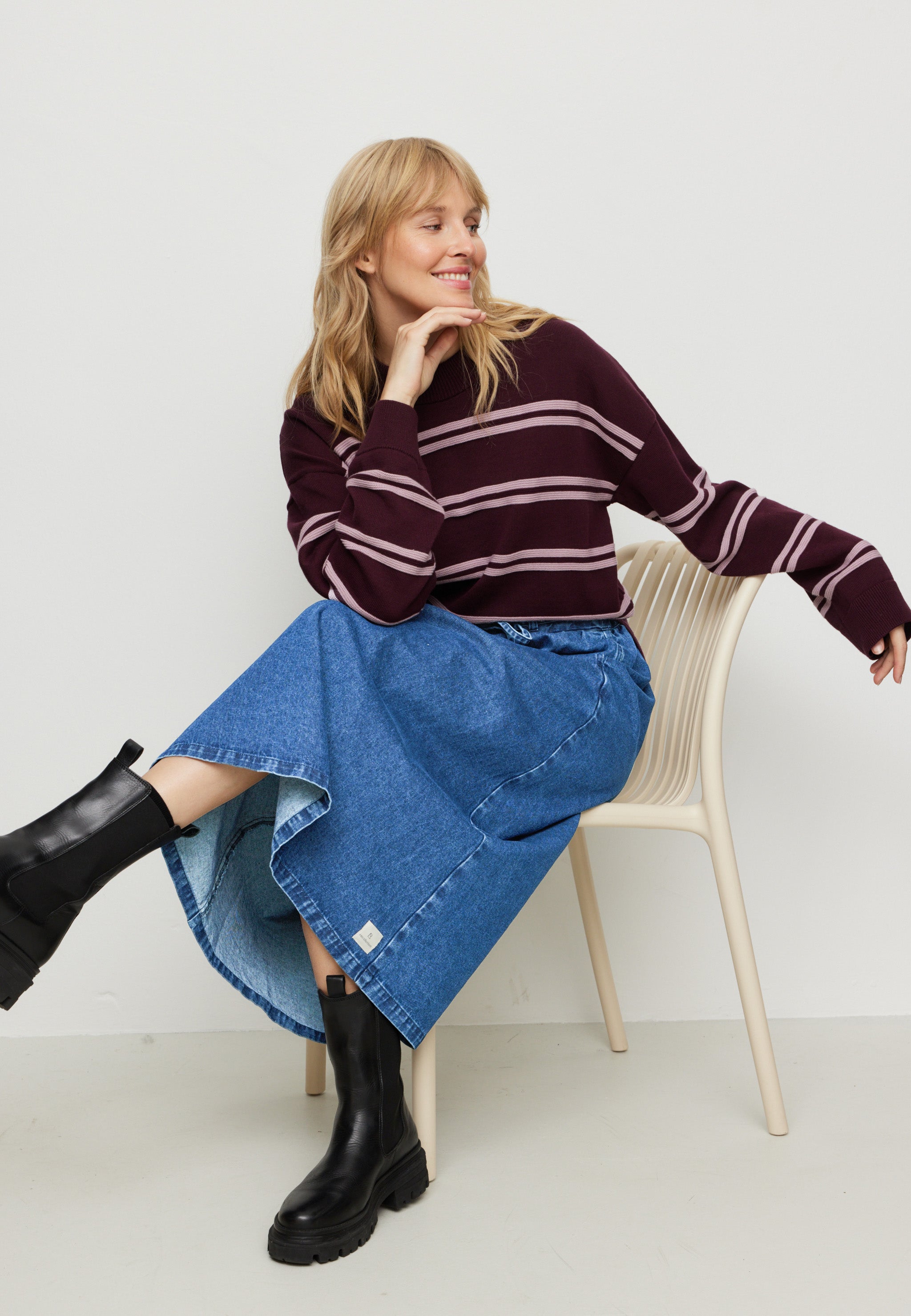Recolution womens vegan Sweater Gingko Stripes Dark Plum