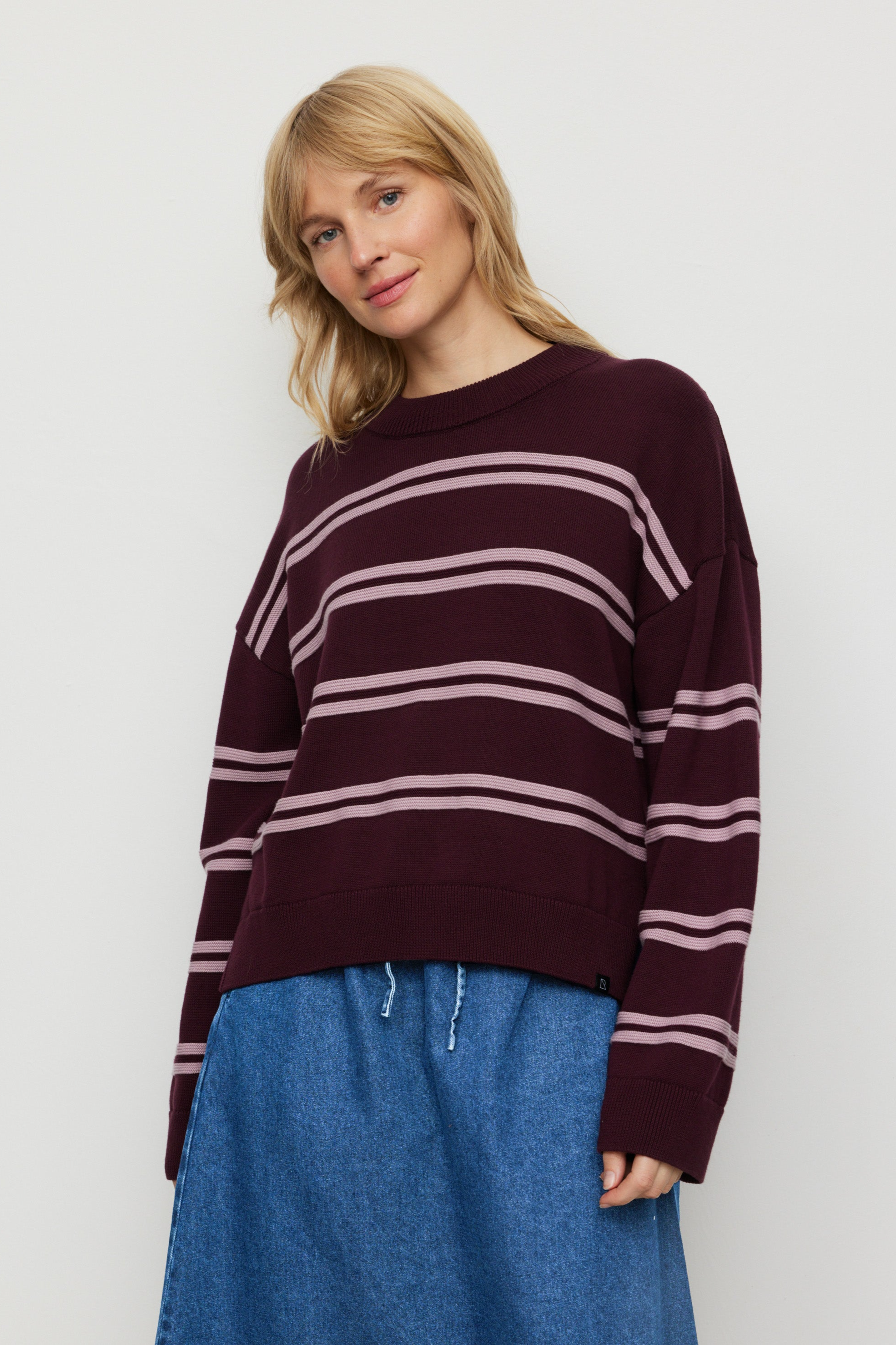 Recolution Damen vegan Pullover Gingko Stripes In Dunkelpflaume