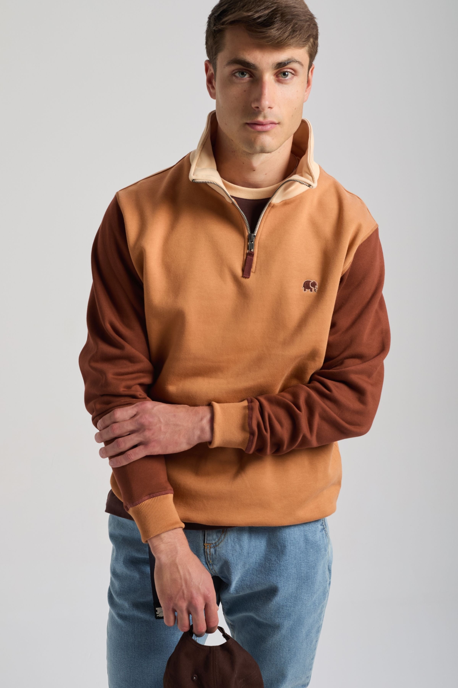 Image of Trendsplant mannen vegan Sweatshirt Color Block Quarter Zip Cashew