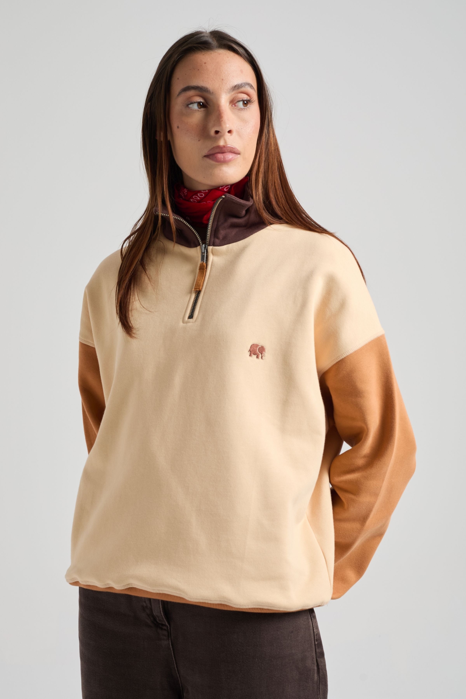 Trendsplant Damen vegan Sweatshirt Quarter Zip Color Block Grau Sand