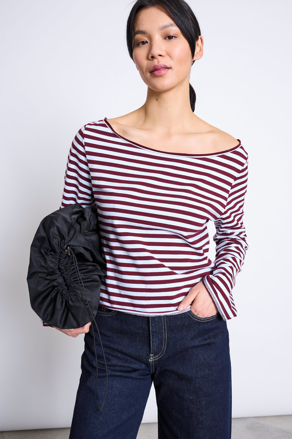 JAN N JUNE JAN 'N JUNE Damen vegan Langarm-Shirt Mit Schulterfreiem Ausschnitt, Arba, Rot-Blau Gestreift