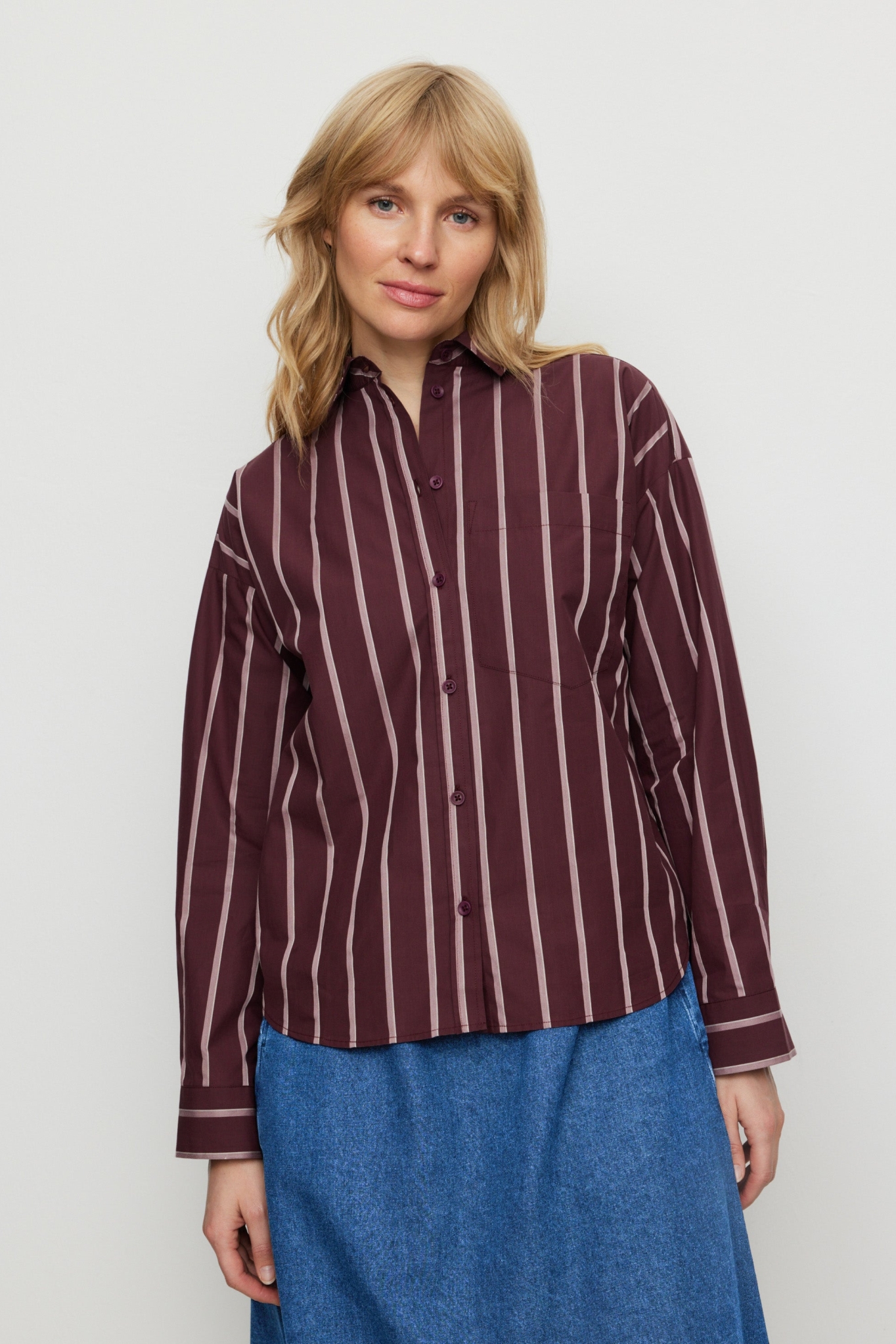 Recolution womens vegan Shirt Forsythia Stripes Dark Plum