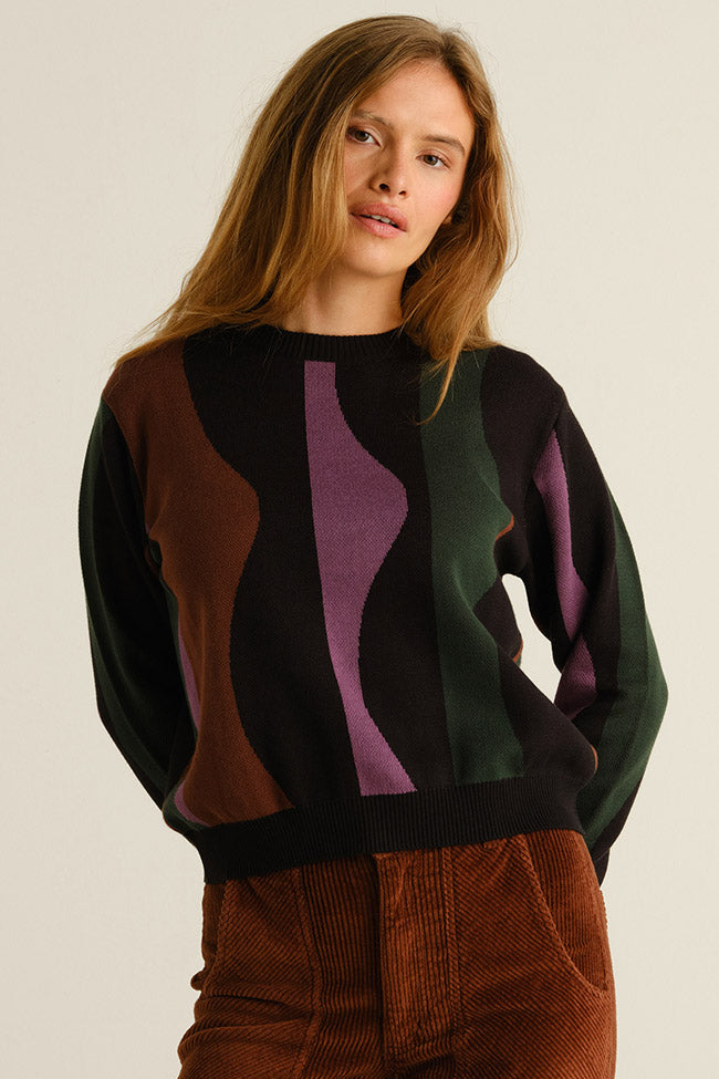DEDICATED womens vegan Sweater Arendal Wavy Brown / Purple/ Green