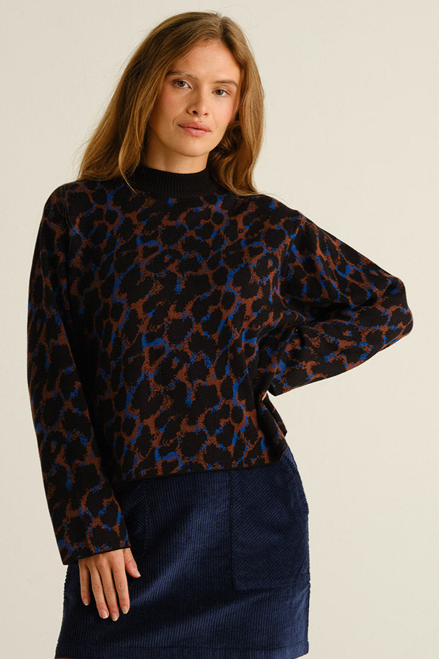 DEDICATED womens vegan Sweater Limhamn Leopard Blue/ Brown/ Black
