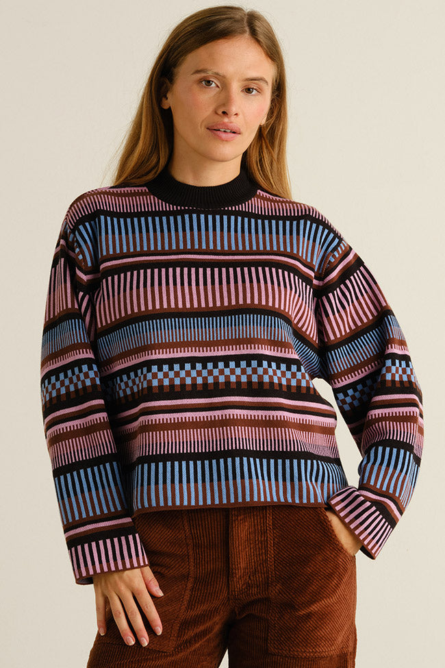 DEDICATED womens vegan Sweater Limhamn Dashed Stripe Pink/ Blue/ Brown