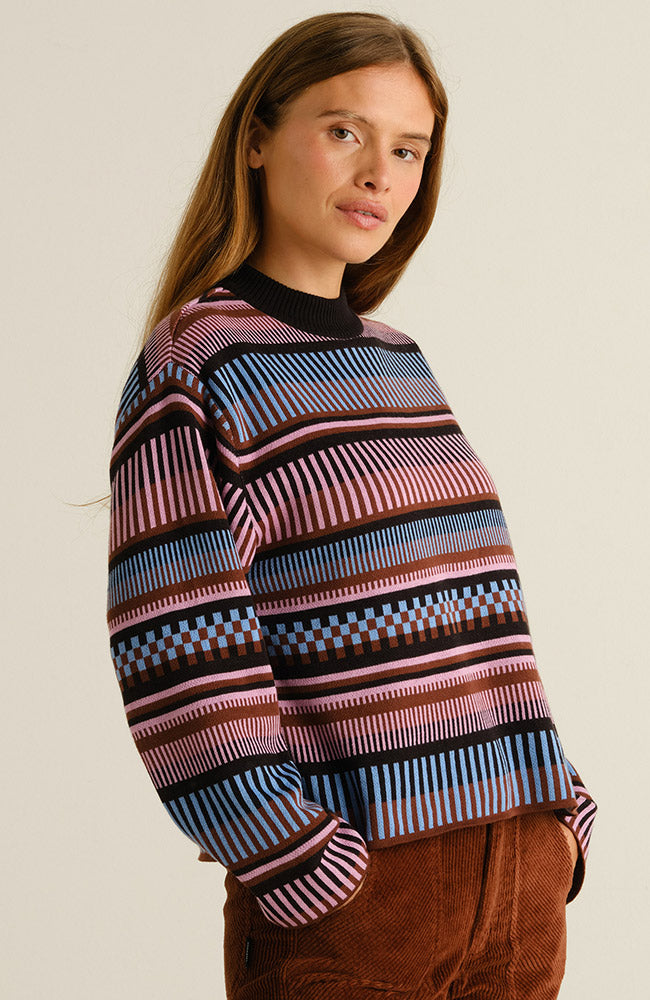 DEDICATED womens vegan Sweater Limhamn Dashed Stripe Pink/ Blue/ Brown