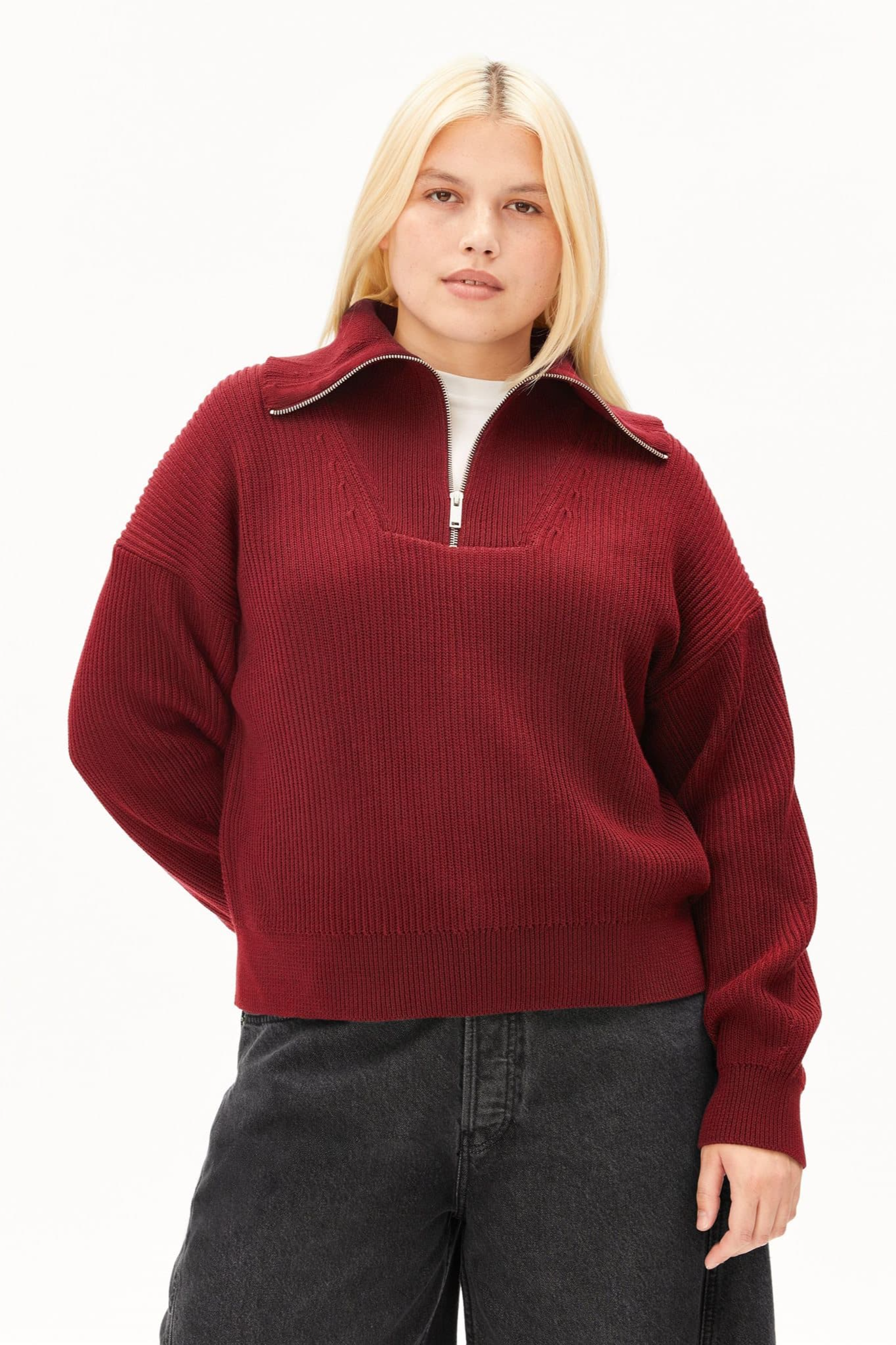 ARMEDANGELS womens vegan Sweater Vanise Rib Knit Troyer Red
