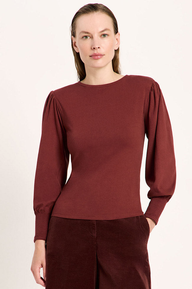 Lanius womens vegan Shirt Puff Sleeve Mahogany