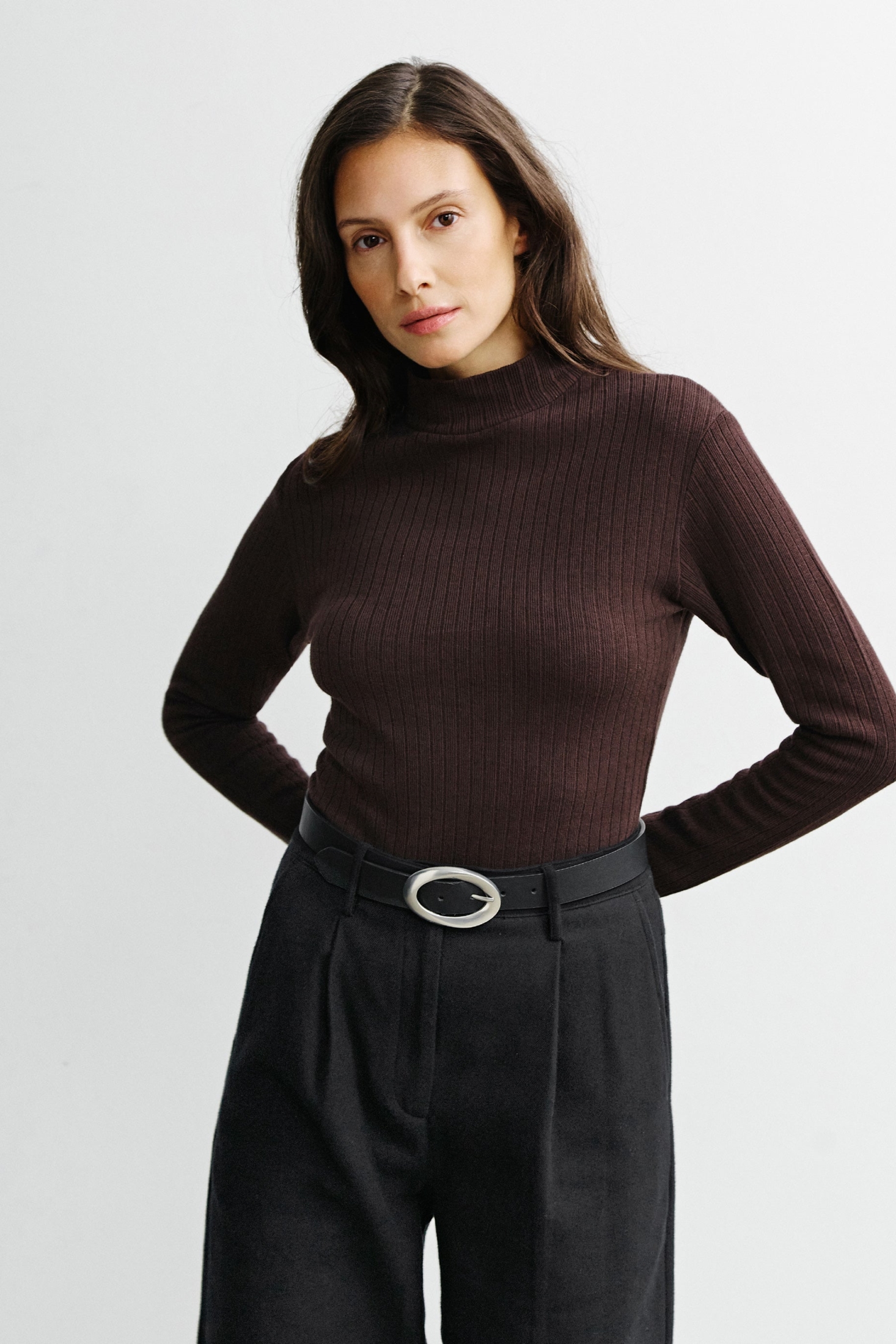 Rotholz Damen vegan Longsleeve Mockneck Dunkelbraun