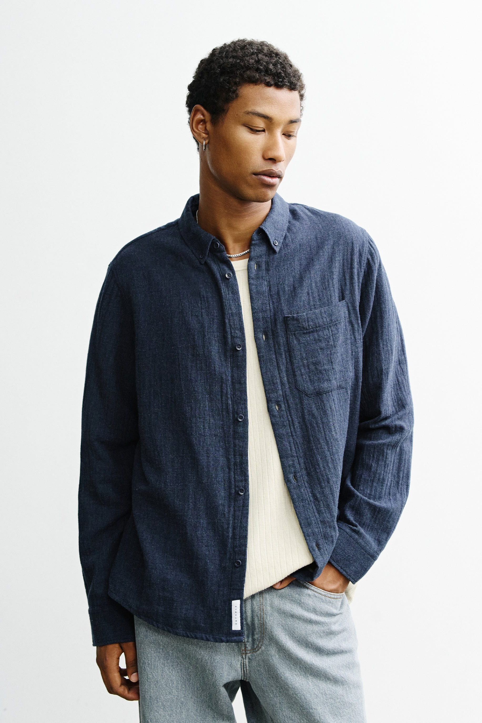 Rotholz Herren vegan Hemd Mit Knopfleiste Blau