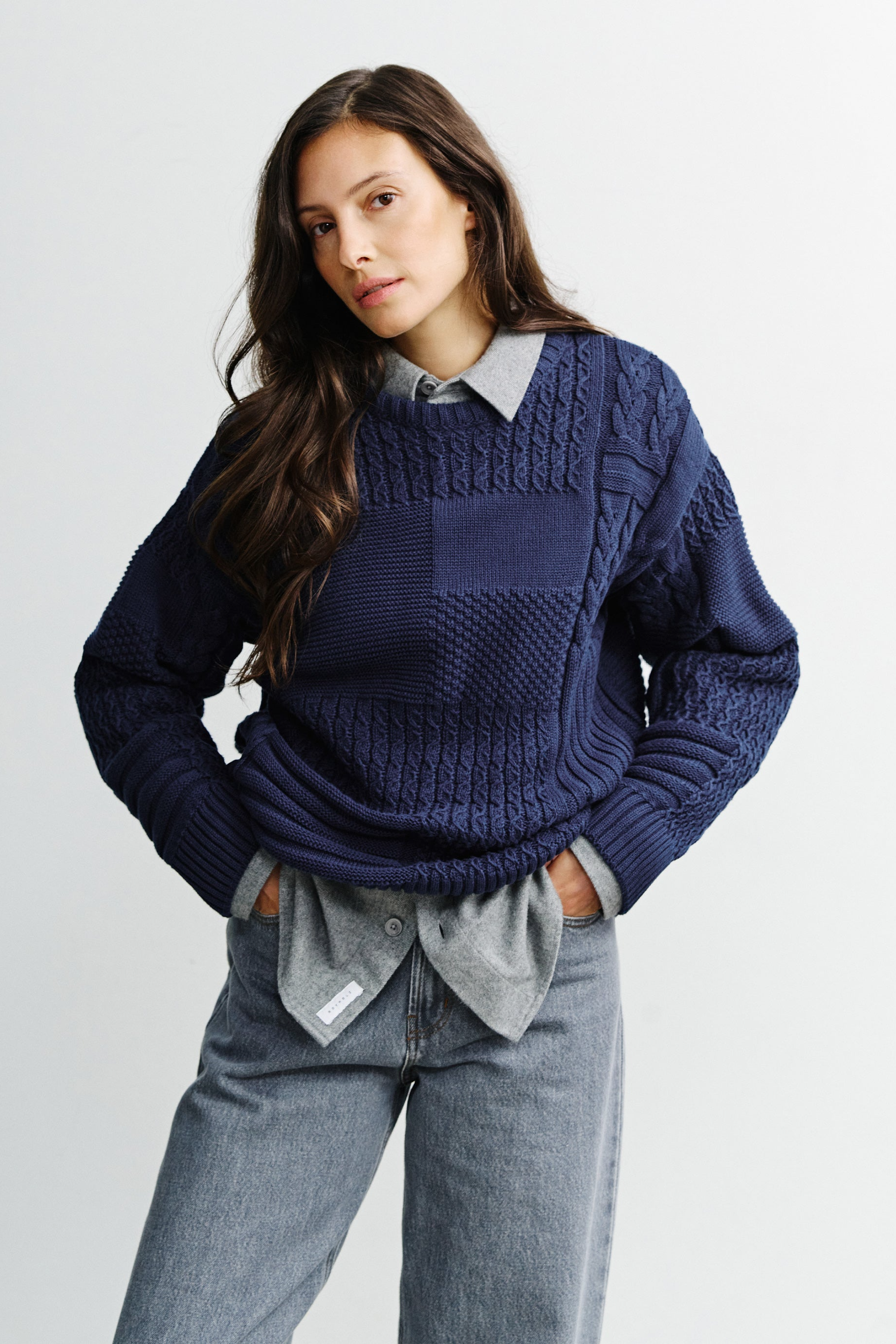 Rotholz Damen vegan Sweatshirt Aus Patchwork-Strick, Dunkelblau