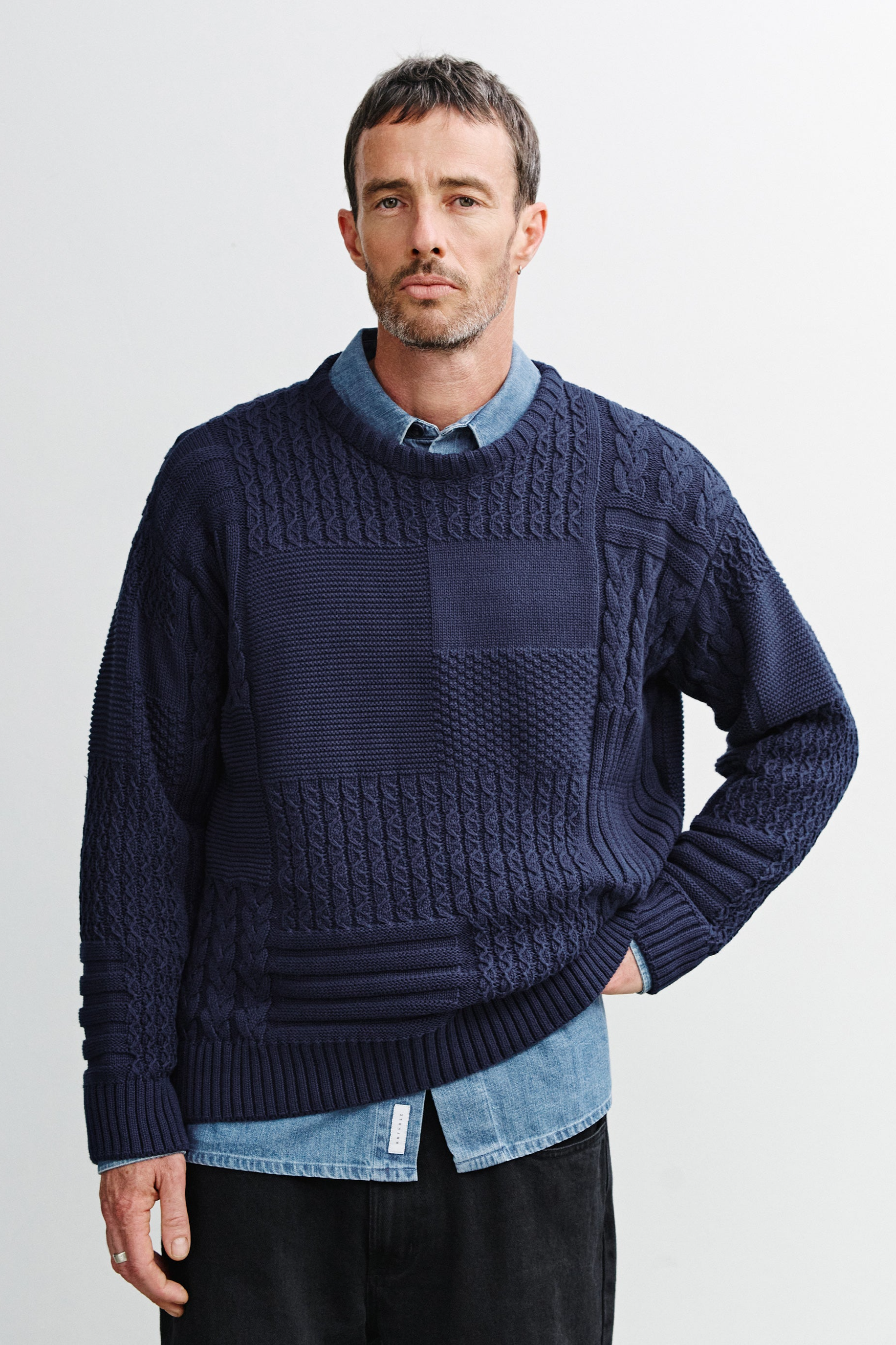Rotholz Herren vegan Sweatshirt Aus Patchwork-Strick Dunkelblau