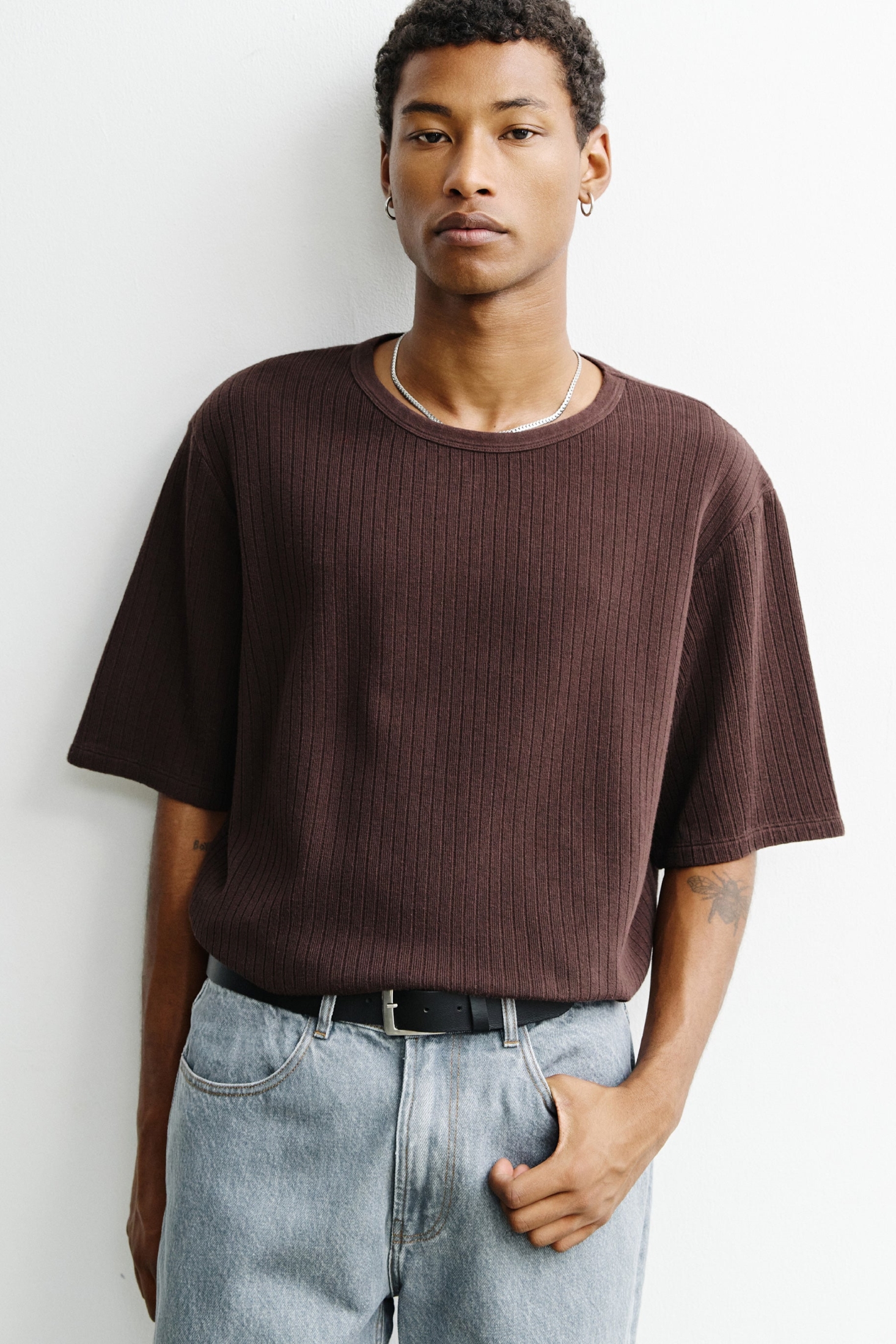 Rotholz Herren vegan T-Shirt Mit Rippstrick Dunkelbraun