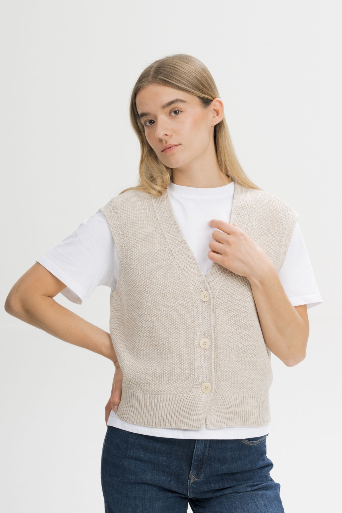MELA womens vegan Knitted Vest Structured Bhoja Cream Speckles