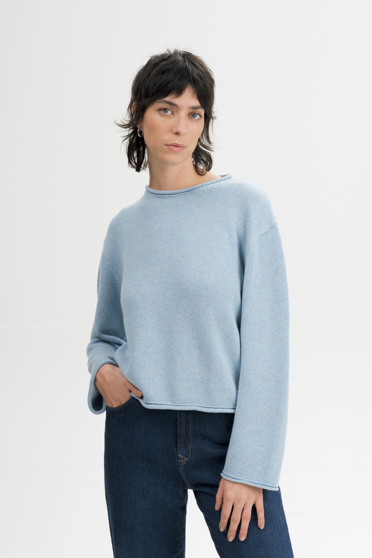 MELA Damen vegan Strickpullover Mit Umgeschlagenem Saum Geetha Salty Blue nge