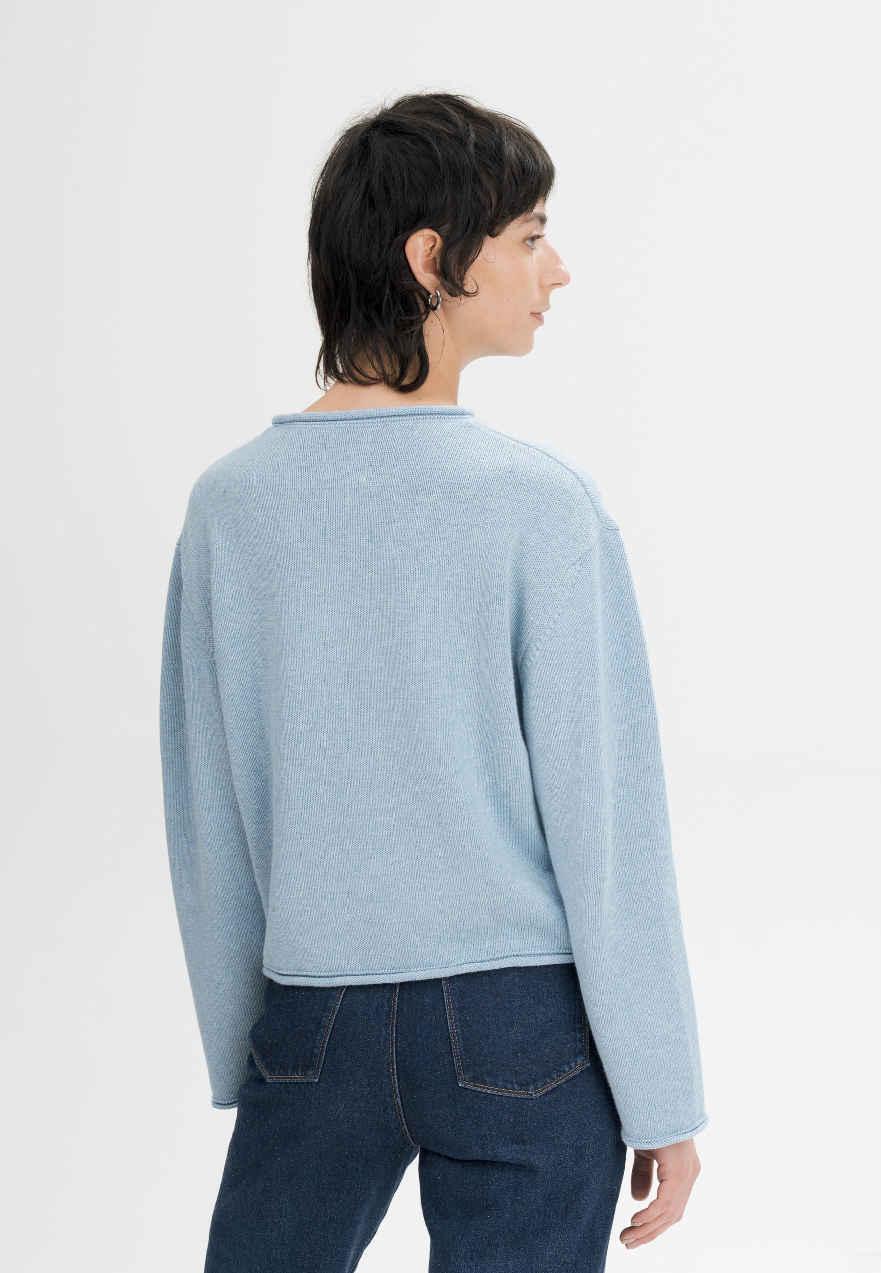 MELA womens vegan Knit Sweater Rolled Hem Geetha Salty Blue Melange