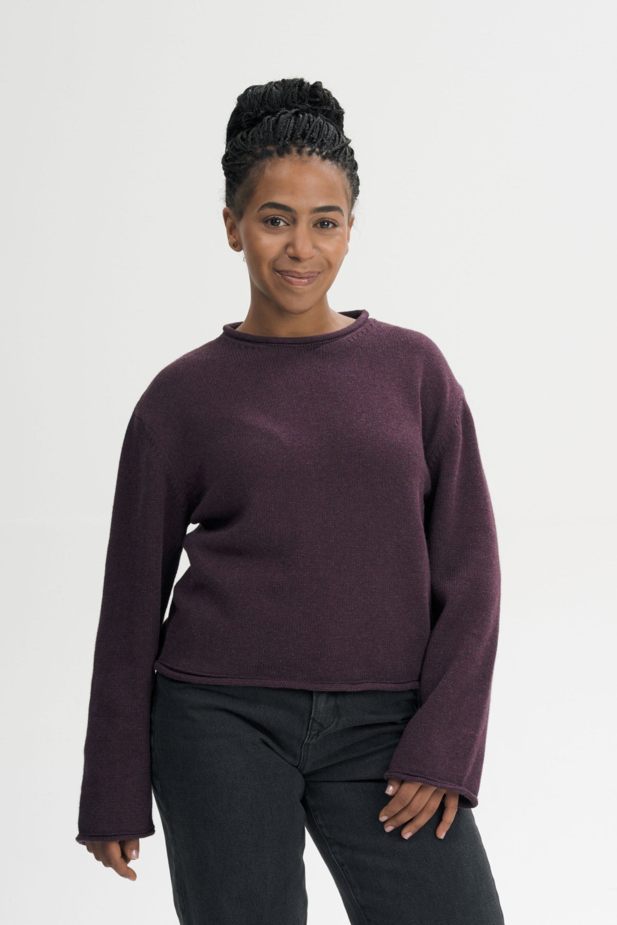 MELA Damen vegan Strickpullover Mit Umgeschlagenem Saum Geetha Elderberry nge