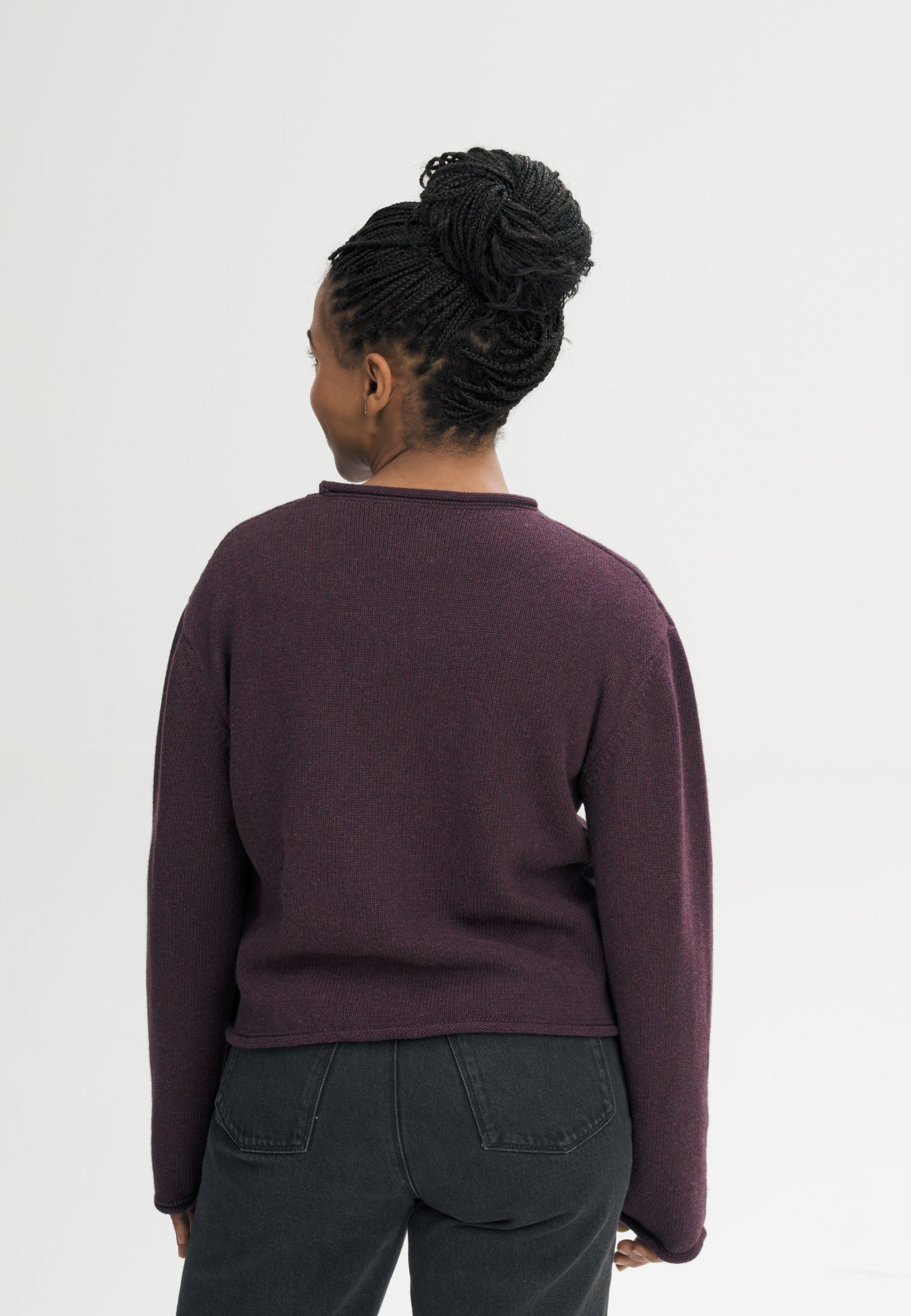 MELA womens vegan Knit Sweater Rolled Hem Geetha Elderberry Melange