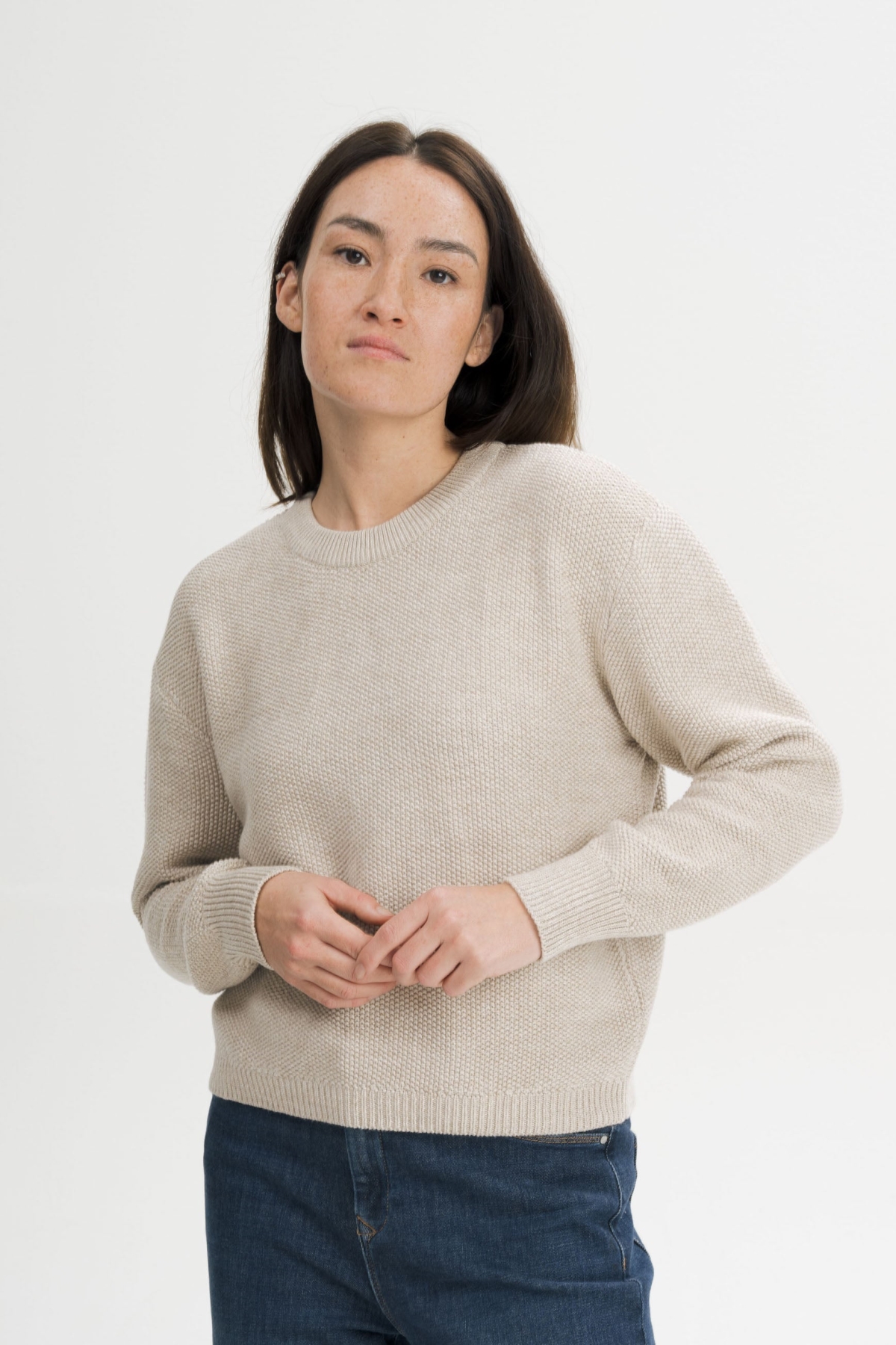 MELA womens vegan Knit Sweater Structured Suriya Cream Speckles