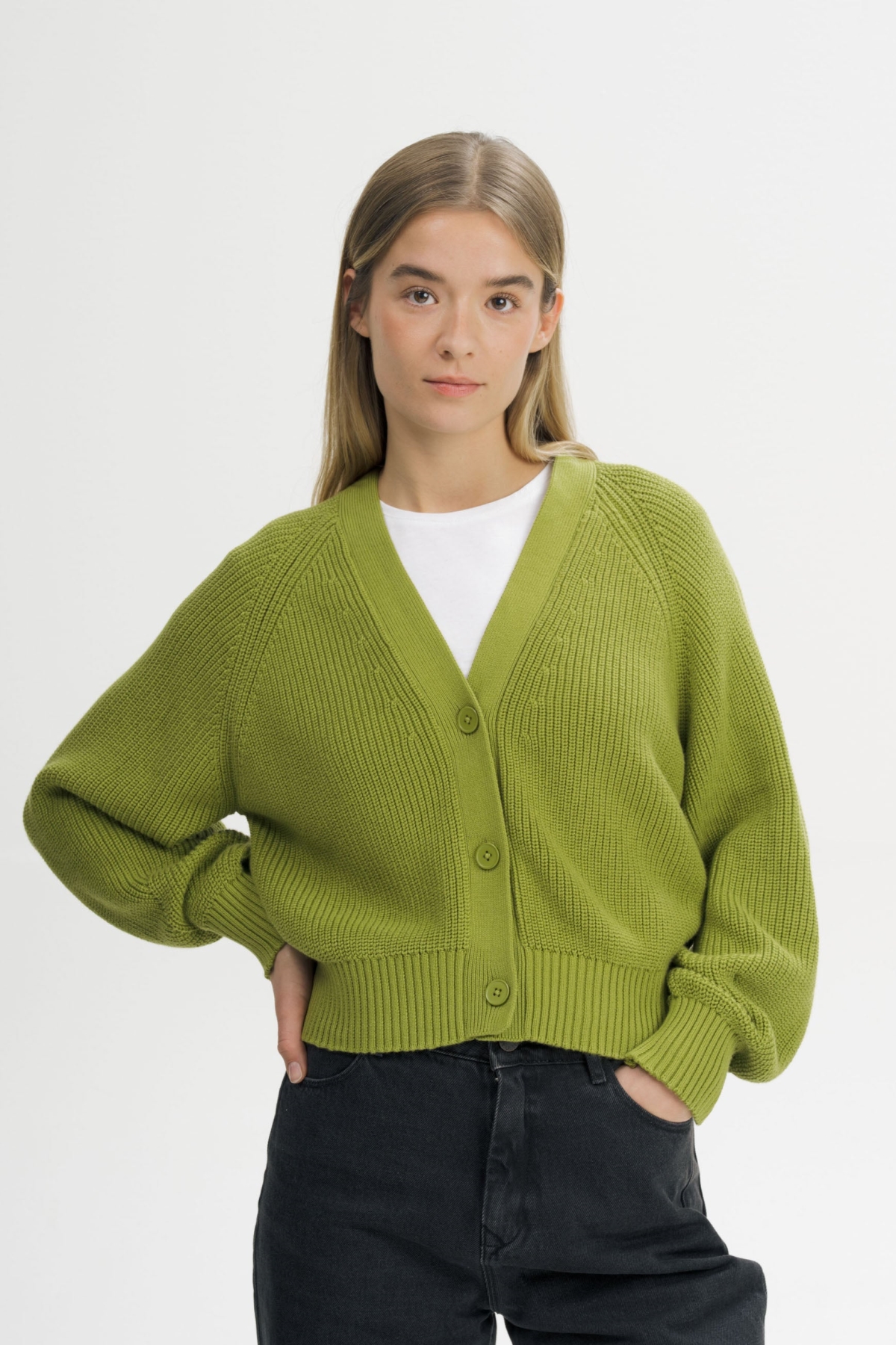 MELA Damen vegan Strickjacke Mit Rippmuster Bhuma Seaweed