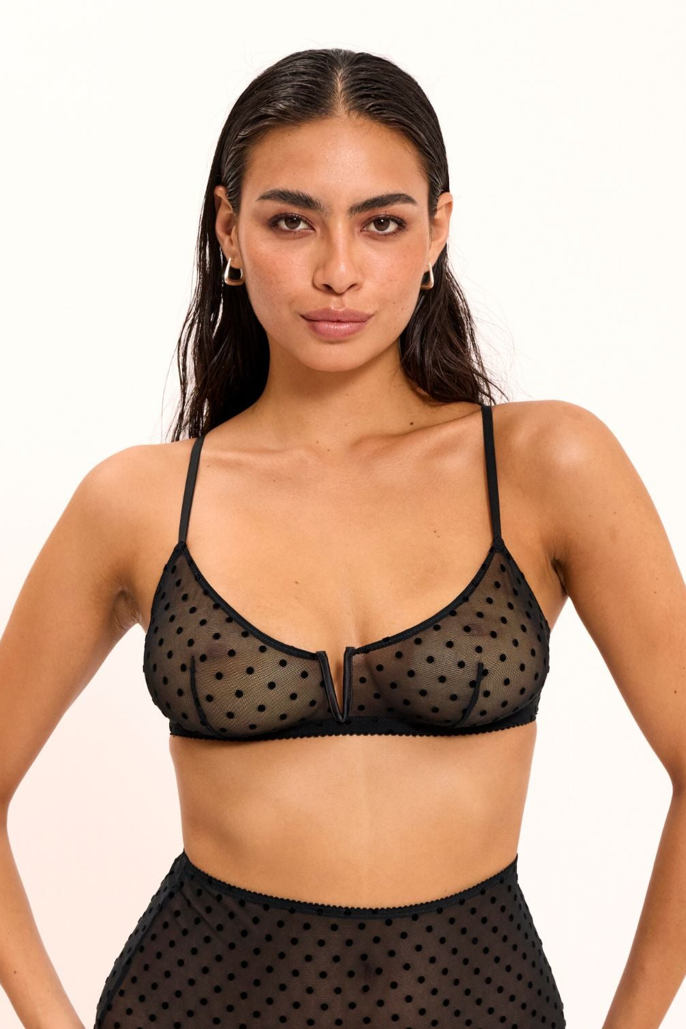 Understatement womens vegan Bralette Mesh V-Balconette Black Dots