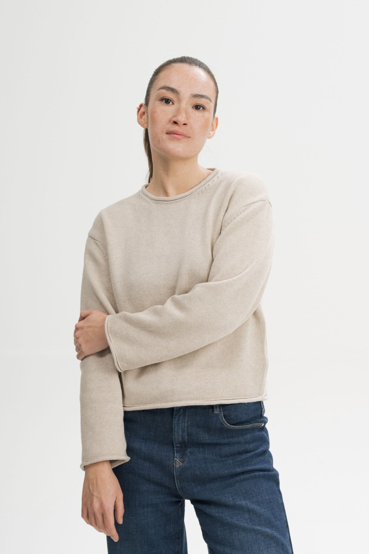 MELA womens vegan Knit Sweater Rolled Hem Geetha Pebble Melange