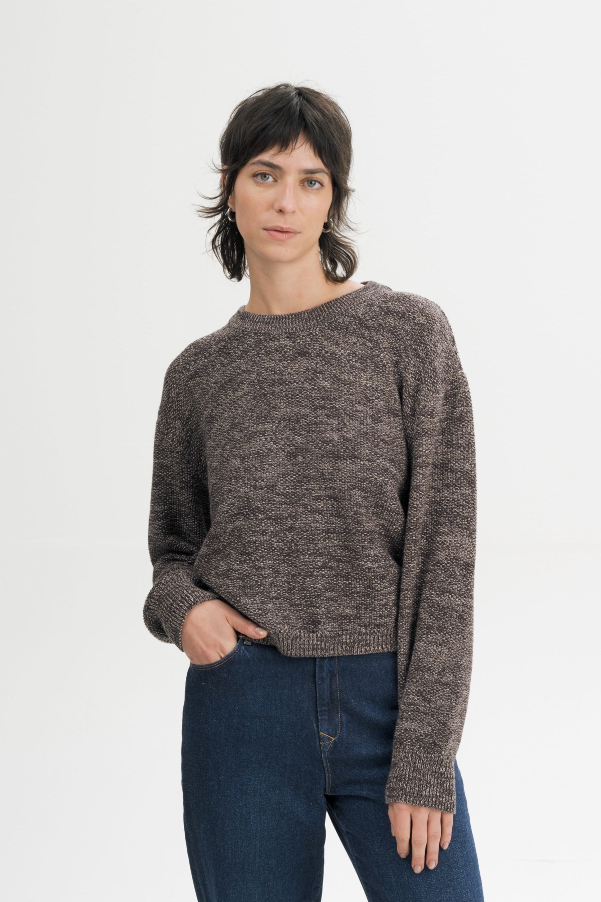 MELA womens vegan Knit Sweater Structured Suriya Brown Speckles