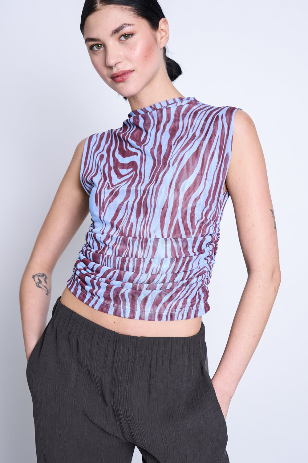 JAN 'N JUNE womens vegan Top Ruffle Mesh Laguna Blue Zebra Print