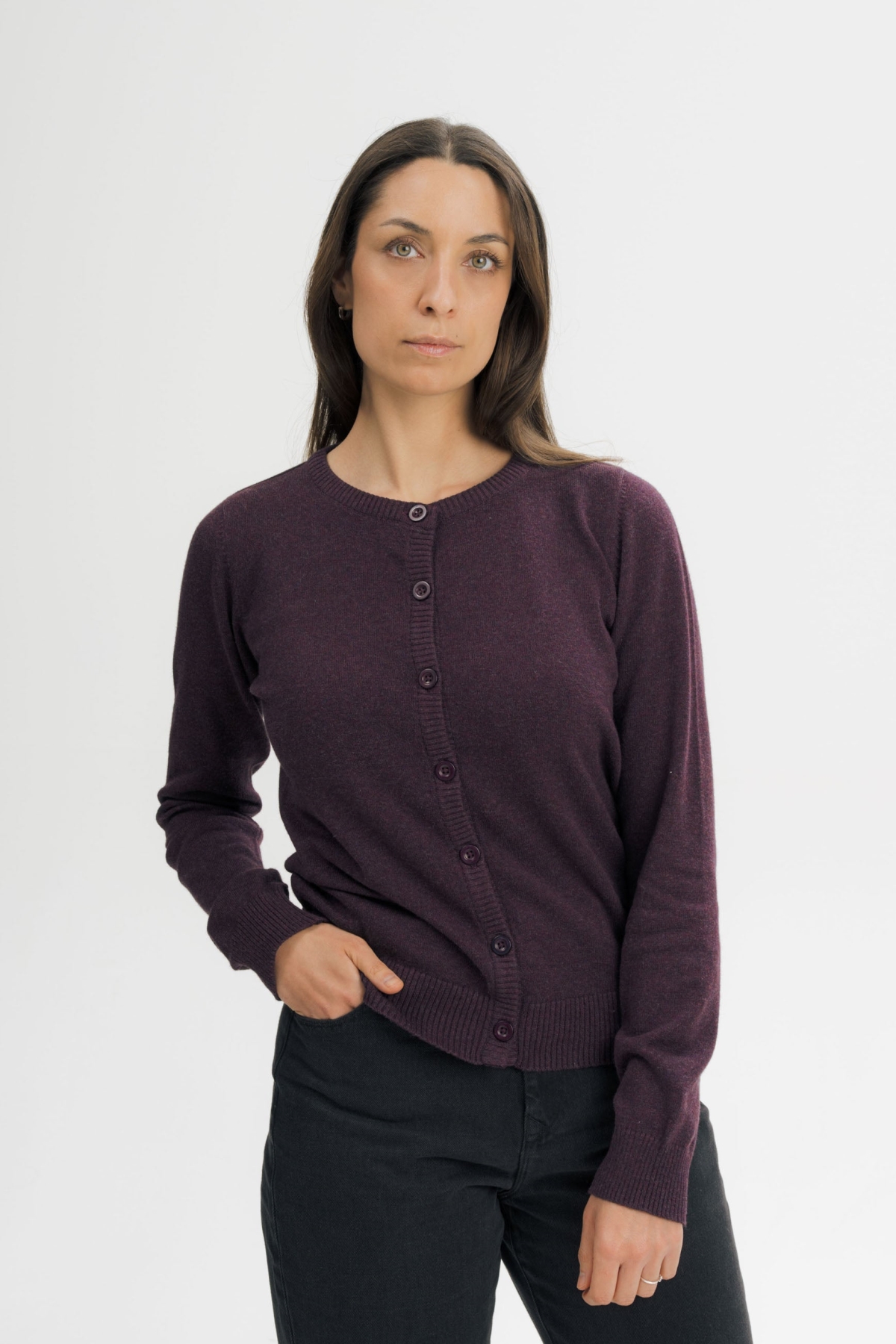 MELA womens vegan Knit Cardigan Fine Nameen Elderberry Melange