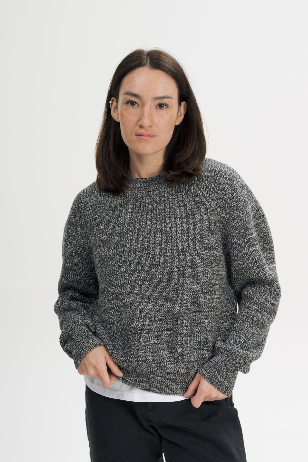 MELA womens vegan Knit Sweater Rib Adah Black Pepper Speckles