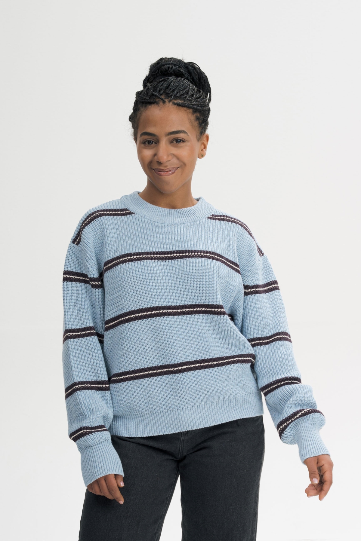 MELA womens vegan Knit Sweater Rib Adah Stripes Salty Blue