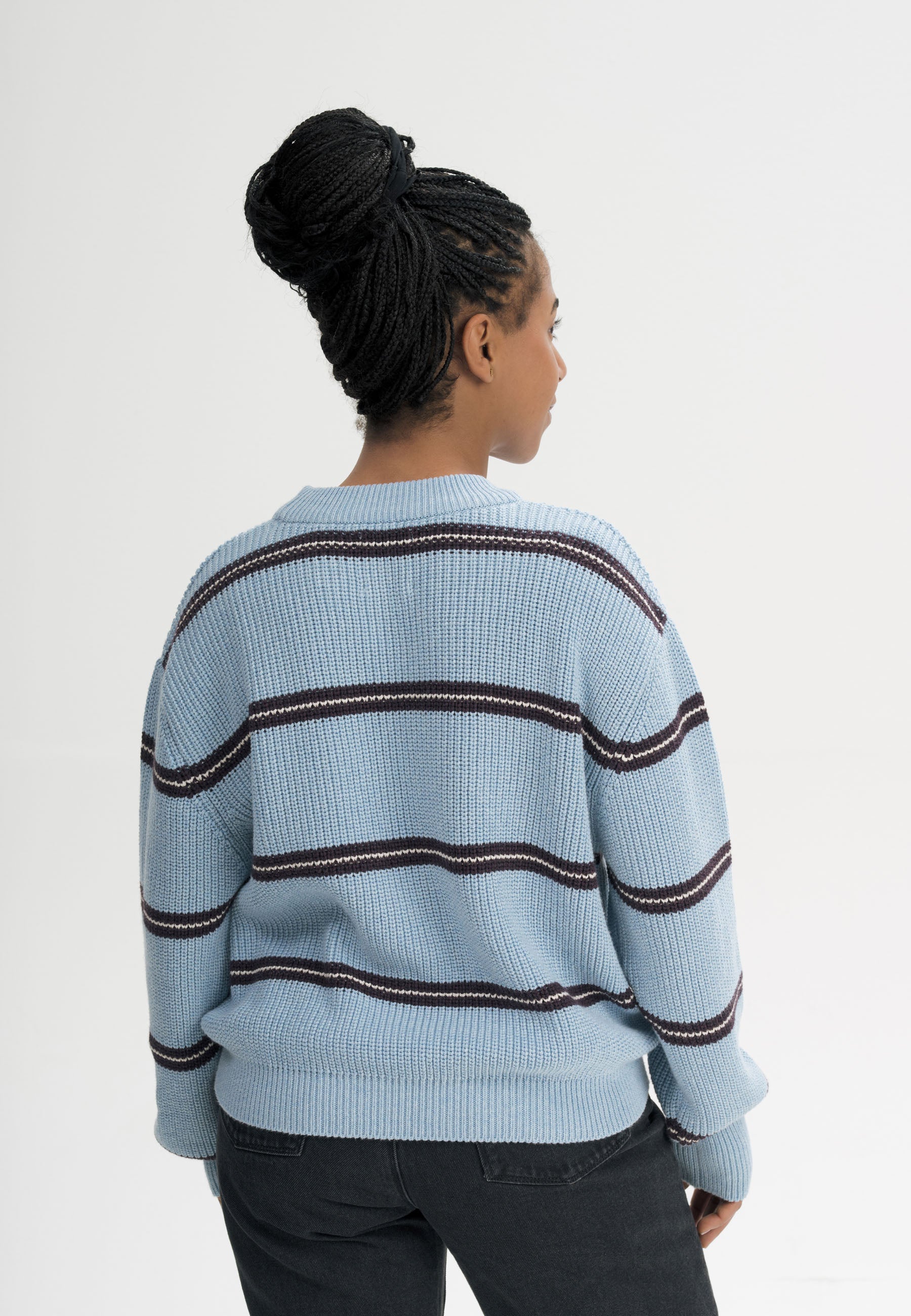 MELA womens vegan Knit Sweater Rib Adah Stripes Salty Blue