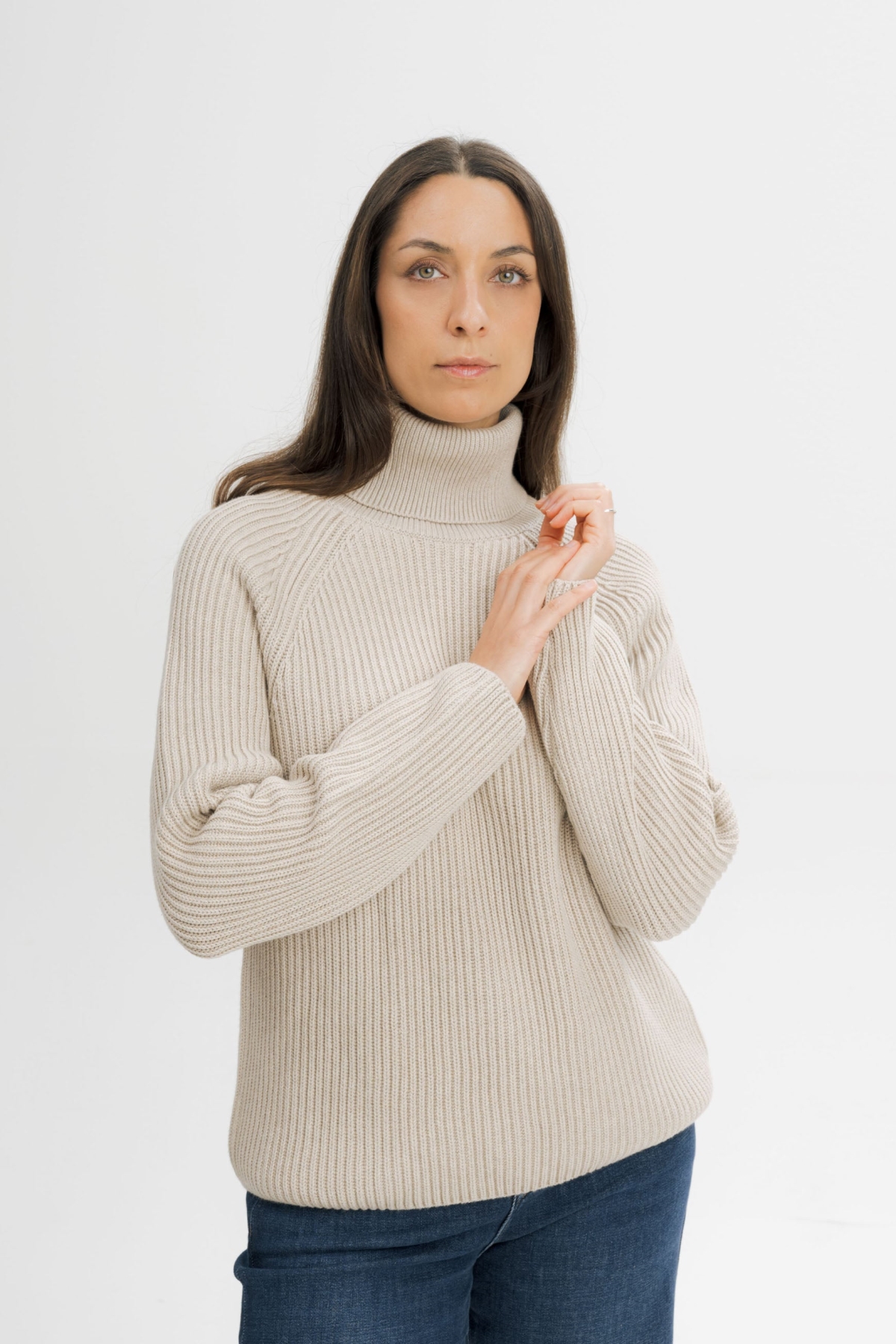 MELA Damen vegan Strickpullover Mit Rippenmuster Und Rollkragen Chirha Pebble nge