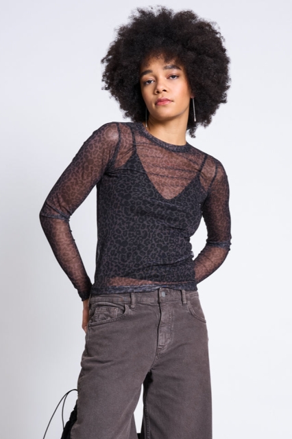 JAN N JUNE JAN 'N JUNE Damen vegan Langarm-Shirt Aus Mesh Mit Dora Dark Leo Print