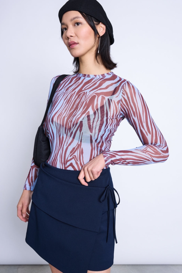 JAN N JUNE JAN 'N JUNE Damen vegan Langarm-Shirt Aus Mesh Dora Blau Zebra-Muster