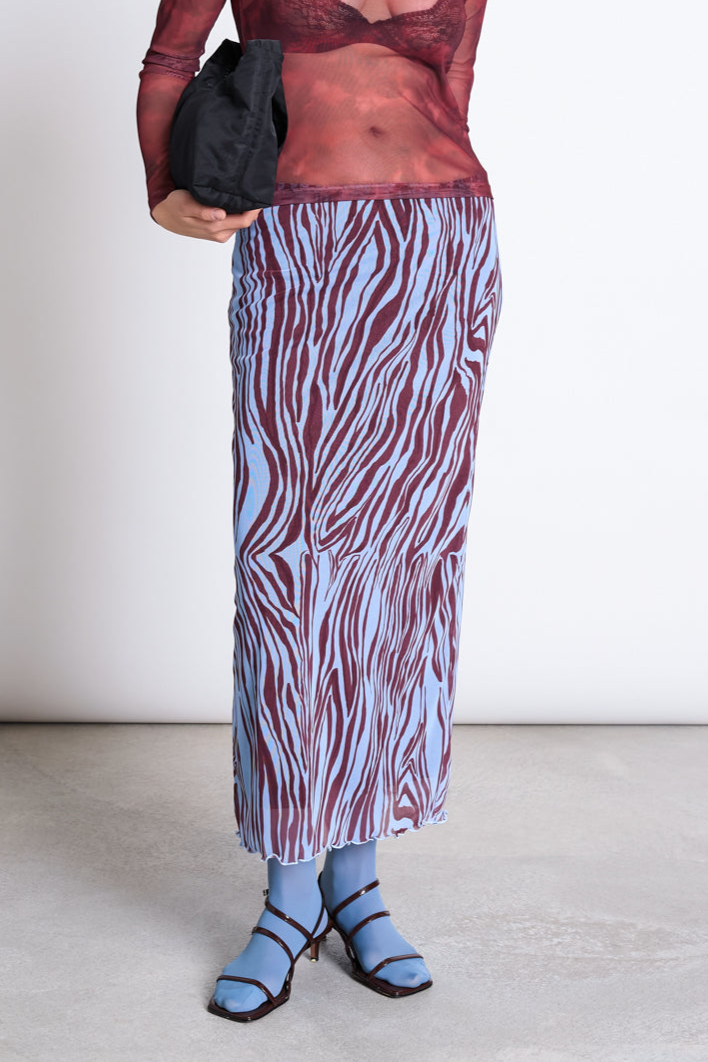 JAN 'N JUNE womens vegan Skirt Mesh Maxi Smuk Blue Zebra Print