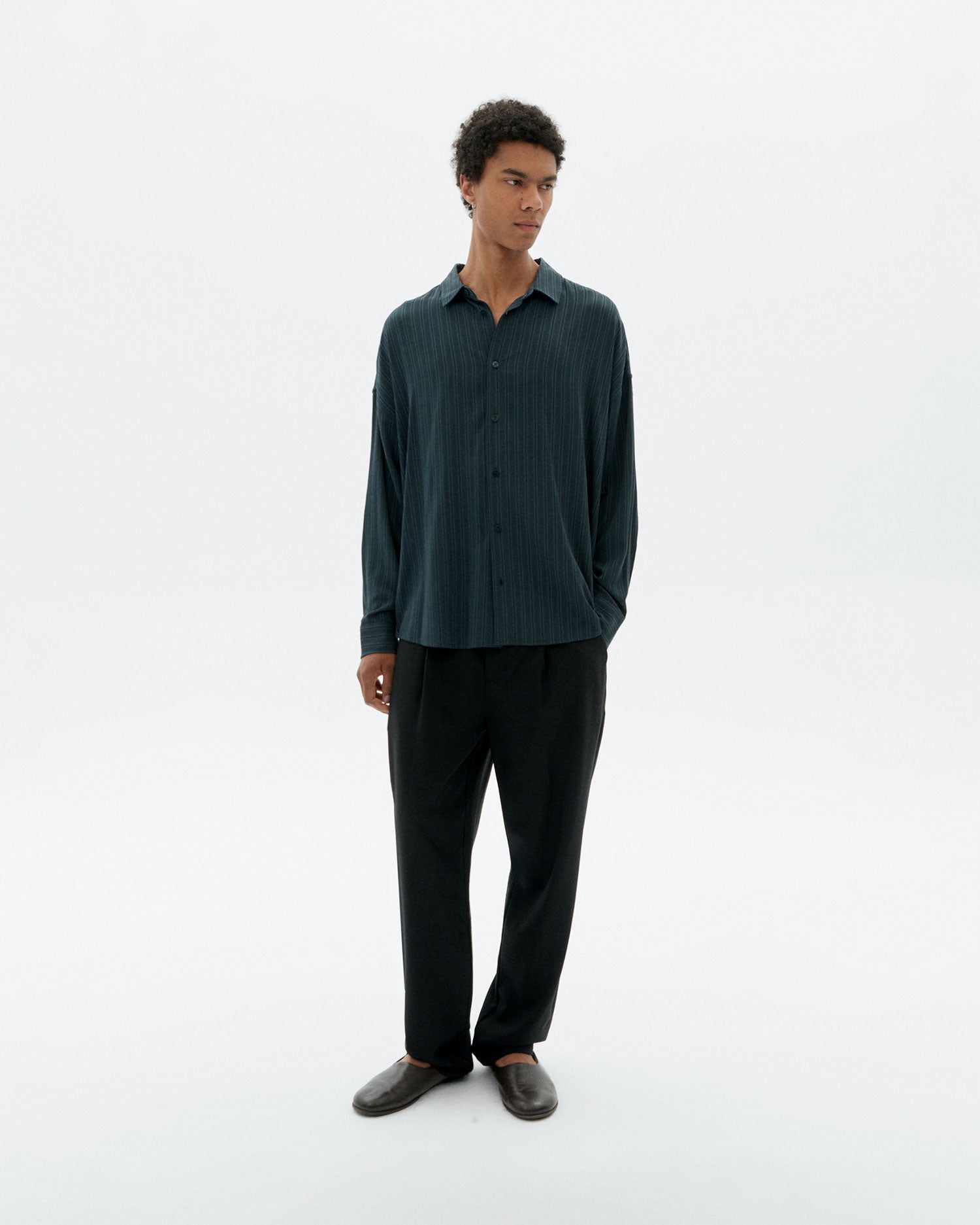 Thinking MU men vegan Shirt Haru Green Striped