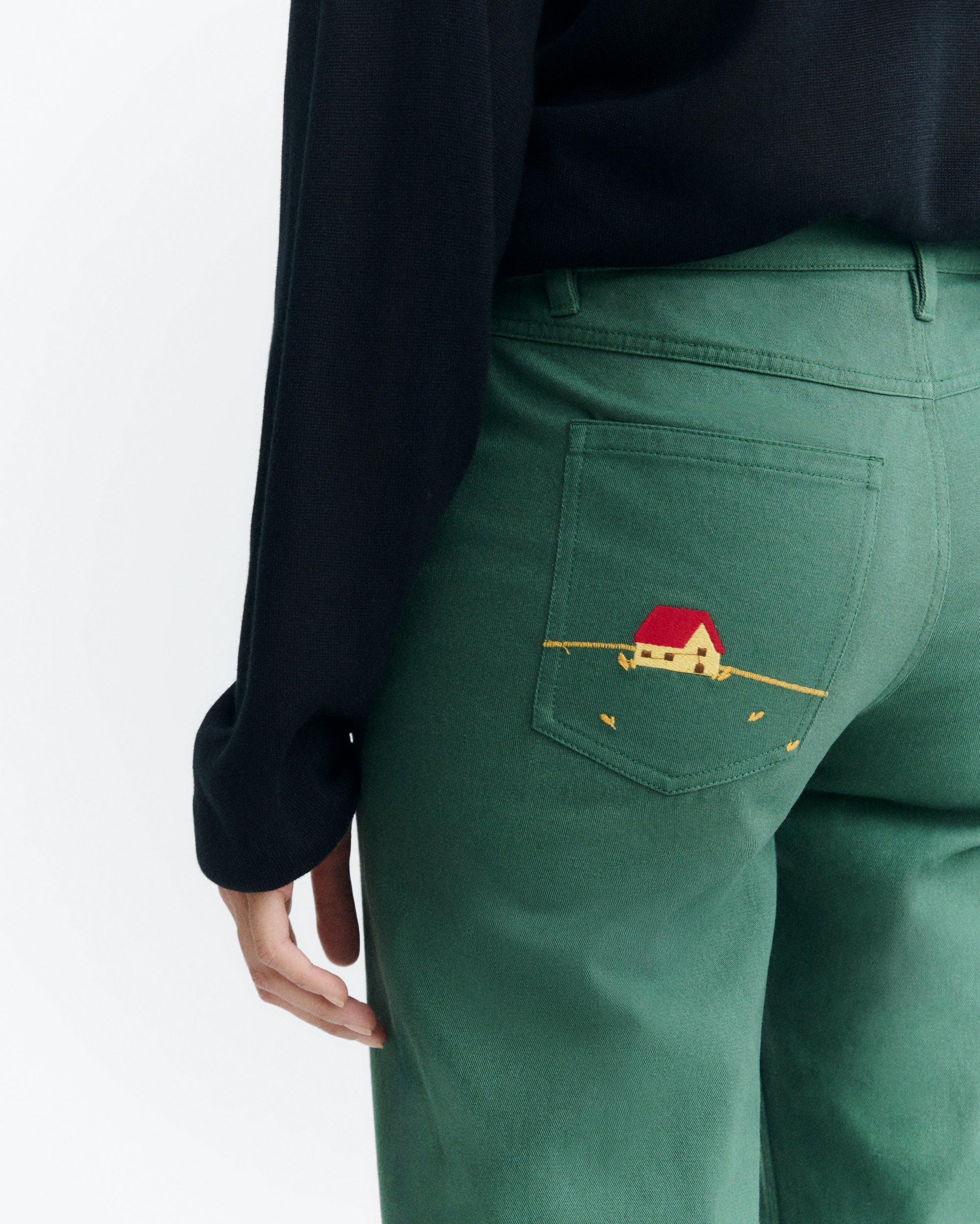 Thinking MU womens vegan Pants Kettan Hand Embroidered Low Rise Green