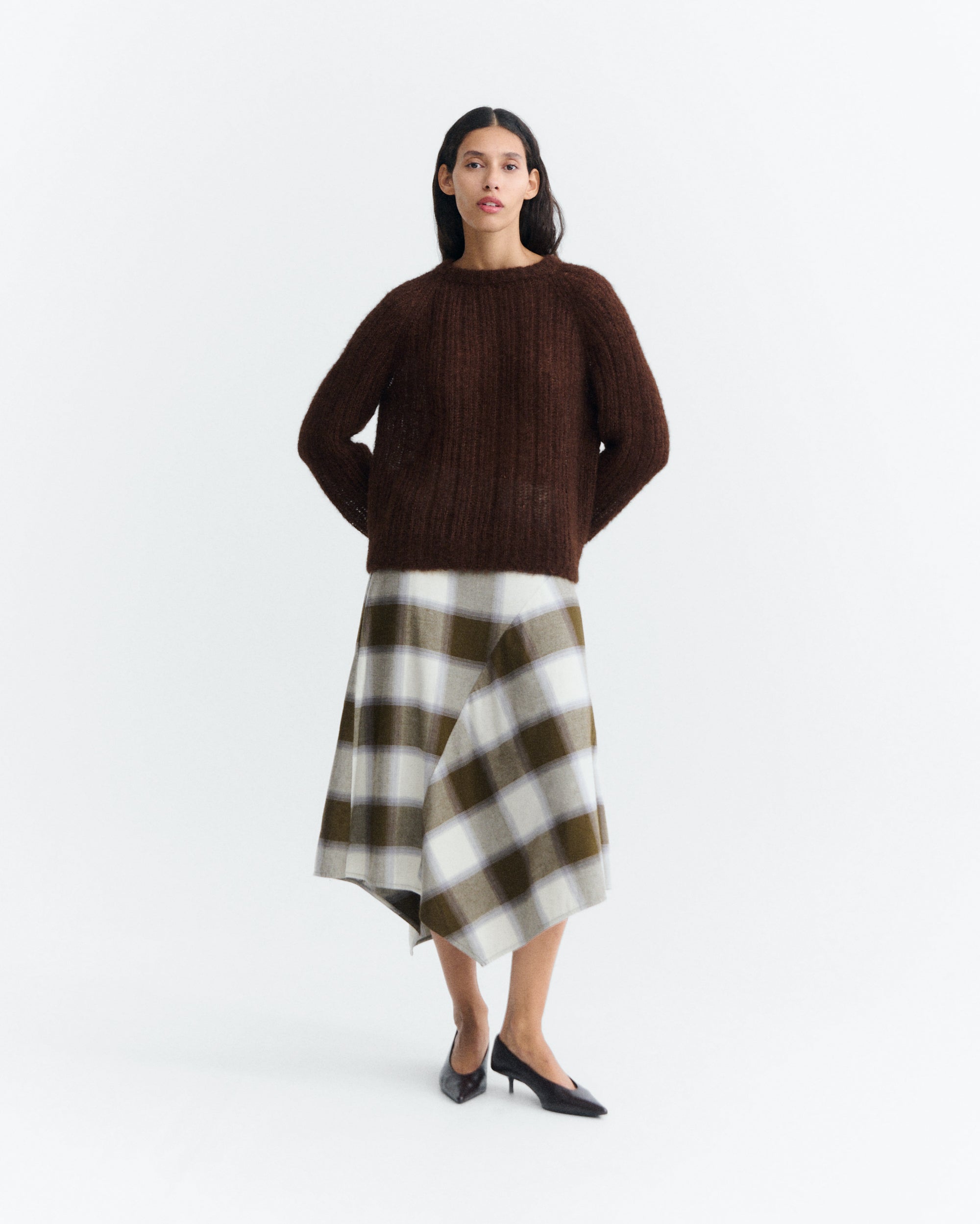 Thinking MU womens vegan Skirt Indira Plaid Midi Green Checks