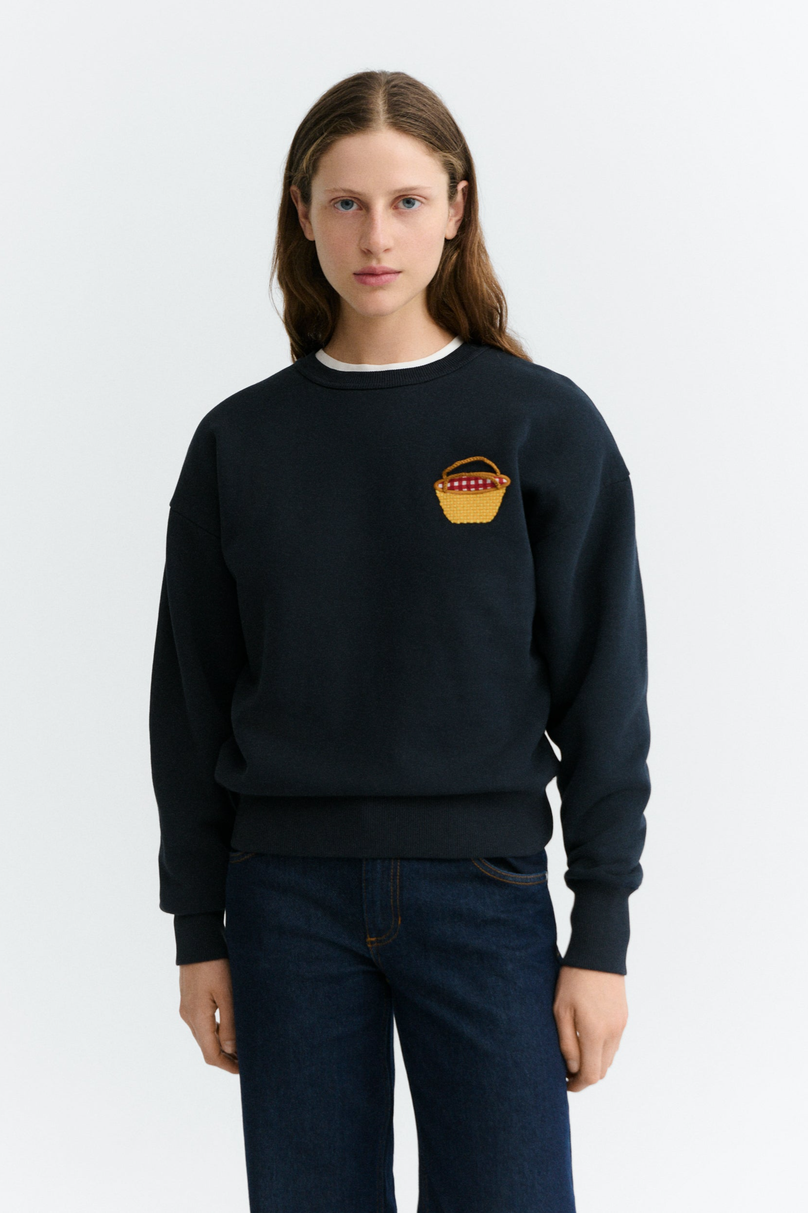 Thinking mu Damen vegan Sweatshirt Jodie Mit Gesticktem Korb Marineblau