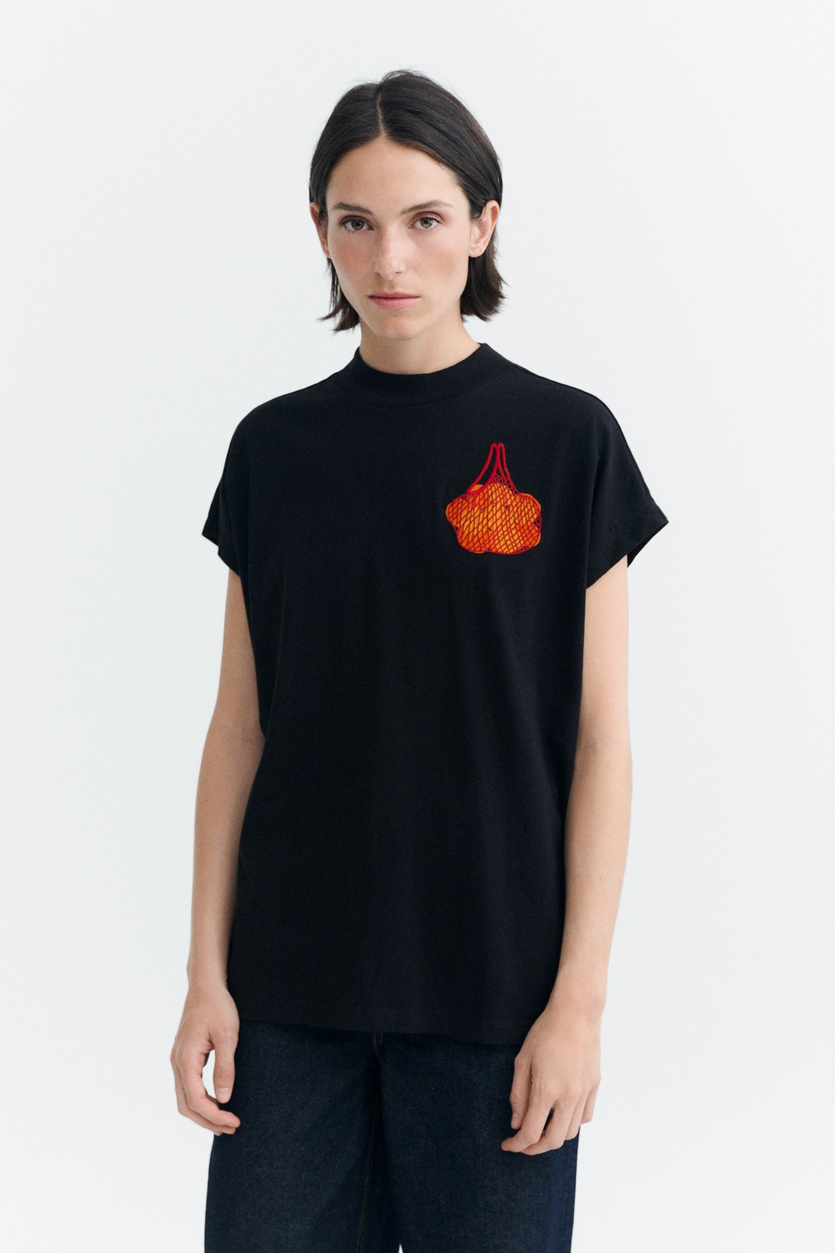 Thinking mu Damen vegan T-Shirt Volta Mandarins Mit Stickerei Schwarz